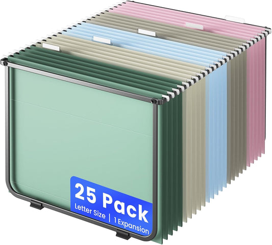 Hanging File Folders Letter Size, 25 Pack File Organizer Folders,1/5-Cut Tabs with Hanging File Folder Frame, Heavy Duty 1 Inch Expansion, Stay Organized for Your Home and Office Bulk File.