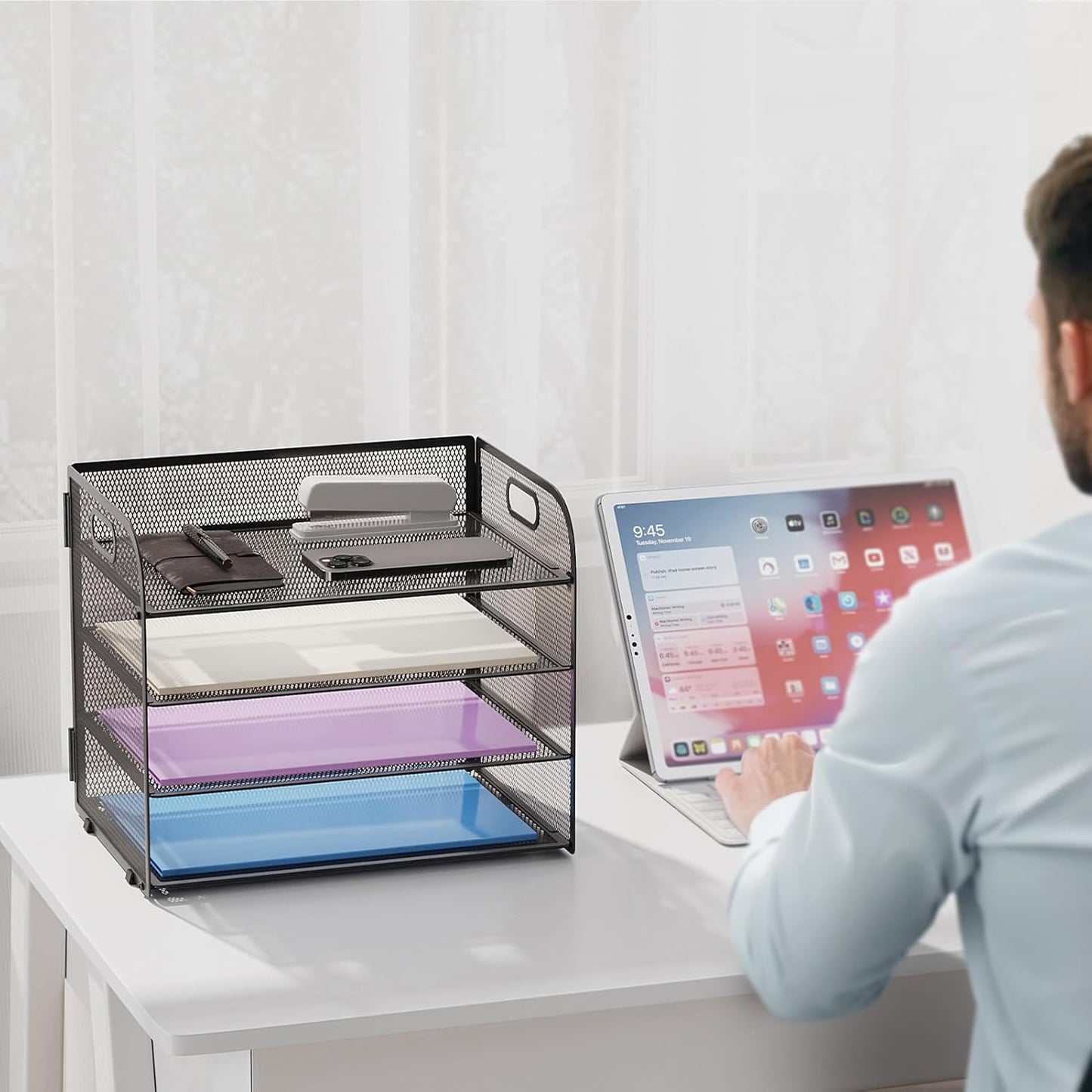 Marbrasse 4 Tier Paper Organizer Letter Tray - Mesh Desk File Organizer with Handle, Paper Sorter Organizer for Letter/A4 Office File Folder Holder (Black, 12.6" x 9.1" x 10.7")
