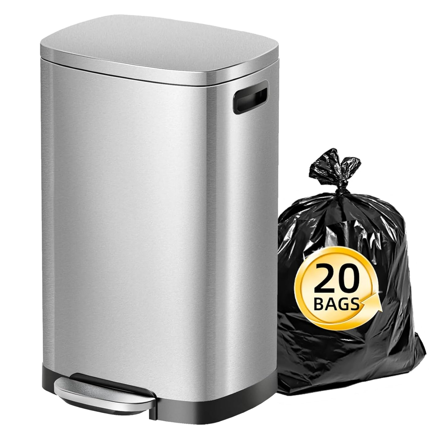 KUK 13 Gallon/50L Stainless Steel Kitchen Trash Can with Lid and Step Pedal-Large Capacity Garbage Bin with Odor Seal, Silent Close Lid, Removable Inner Bucket for Home, Kitchen, Bedroom, Silver