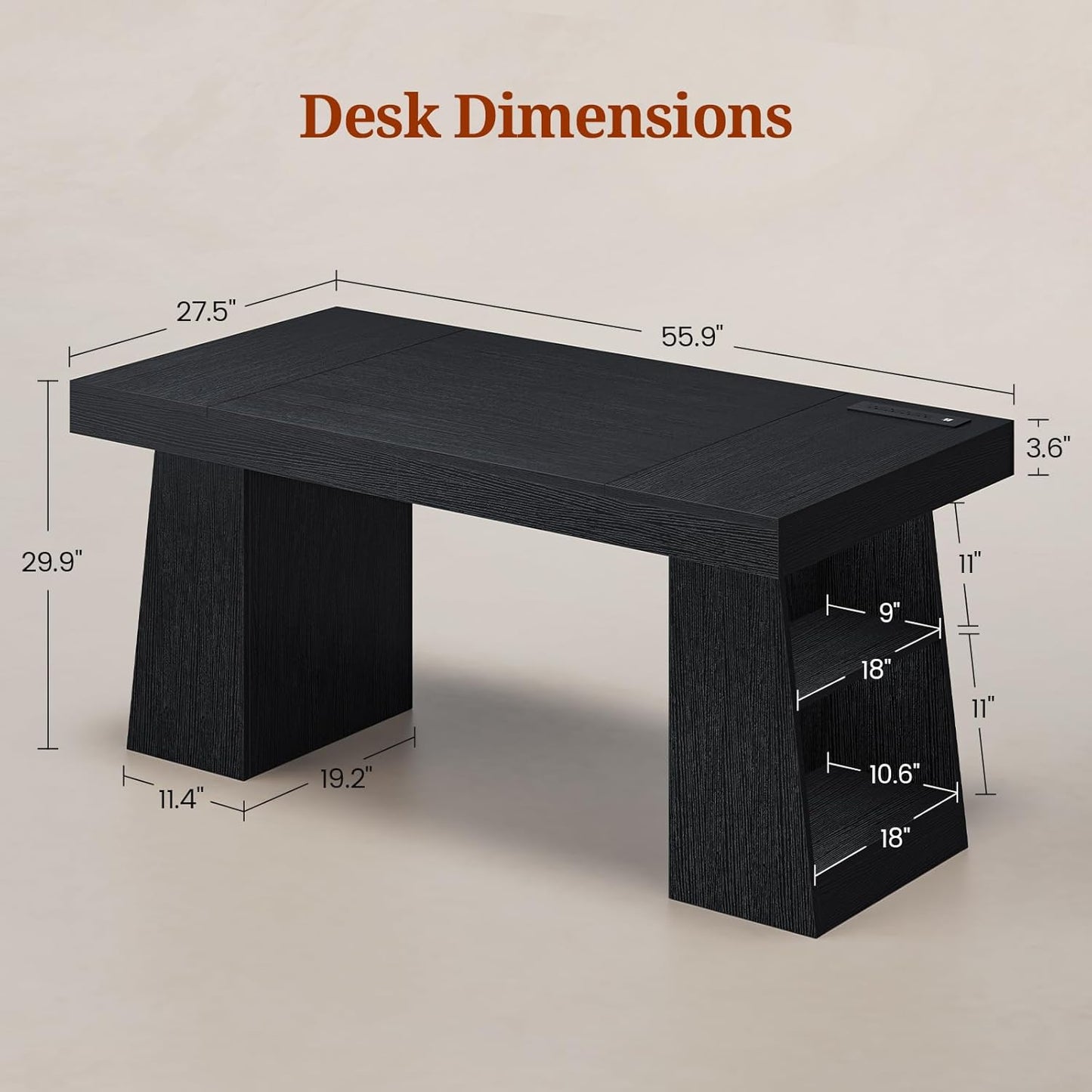 55.9 in Executive Desk with Power Outlets, Modern Home Office Desk with Storage Shelves, Wood Computer Desk Business Workstation Desk Conference Table, Black (Storage Shelves)
