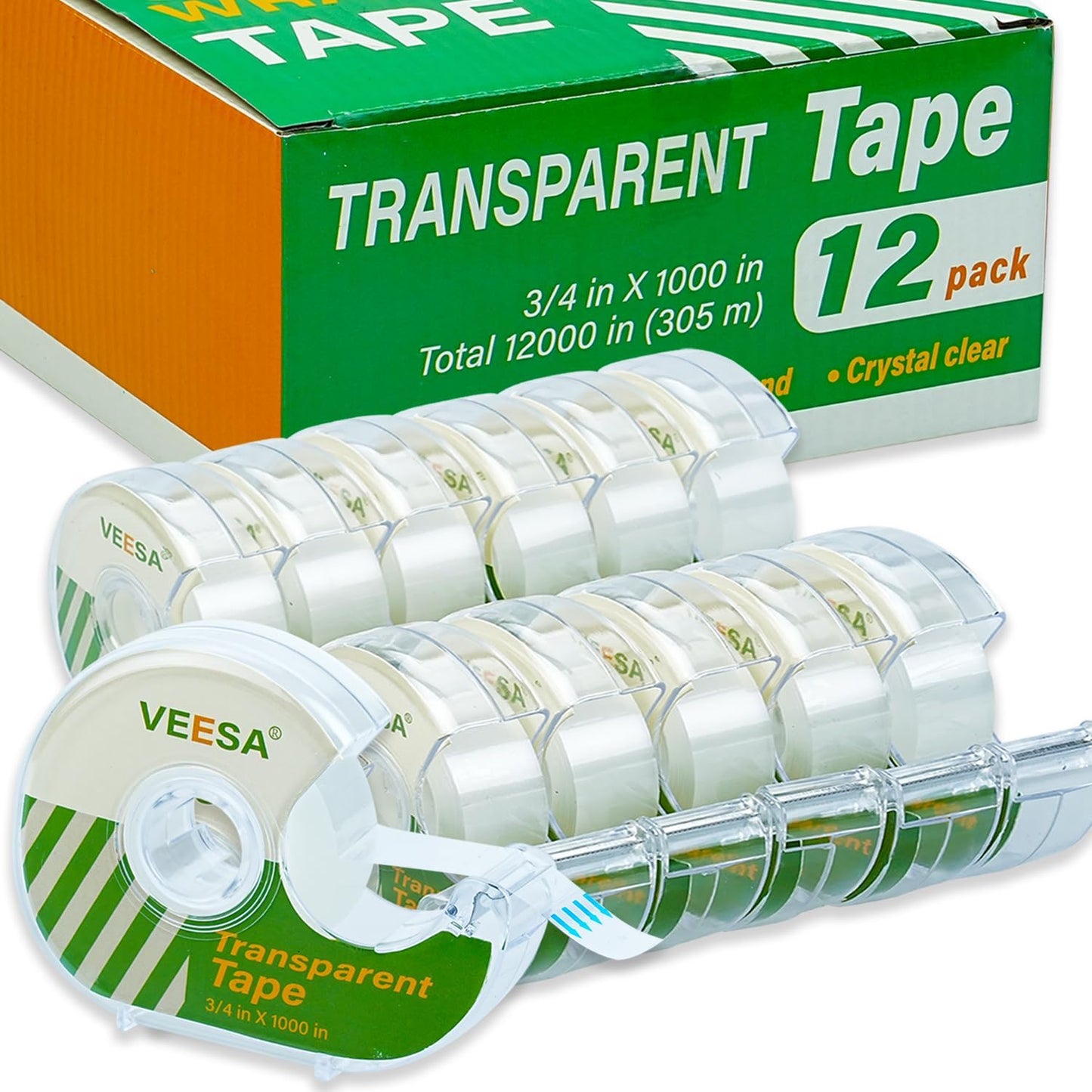 VEESA Transparent Tape with Dispenser, 3/4 x 1000 Inches, 12 Rolls Clear Tapes and Refillable Dispensers, Office Tape Rolls with Dispenser Bulk for Craft Jobs, Home & School Supplies