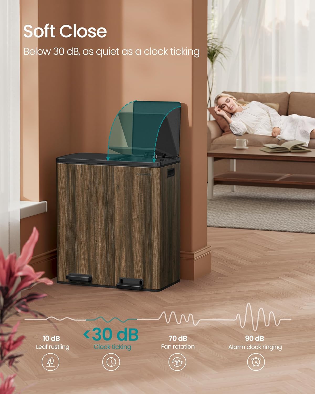 SONGMICS Trash Can, 2 x 8-Gallon Garbage Can for Kitchen, with 15 Trash Bags, 2 Compartments, Plastic Inner Buckets and Hinged Lids, Airtight, Dark Walnut ULTB060N02V1