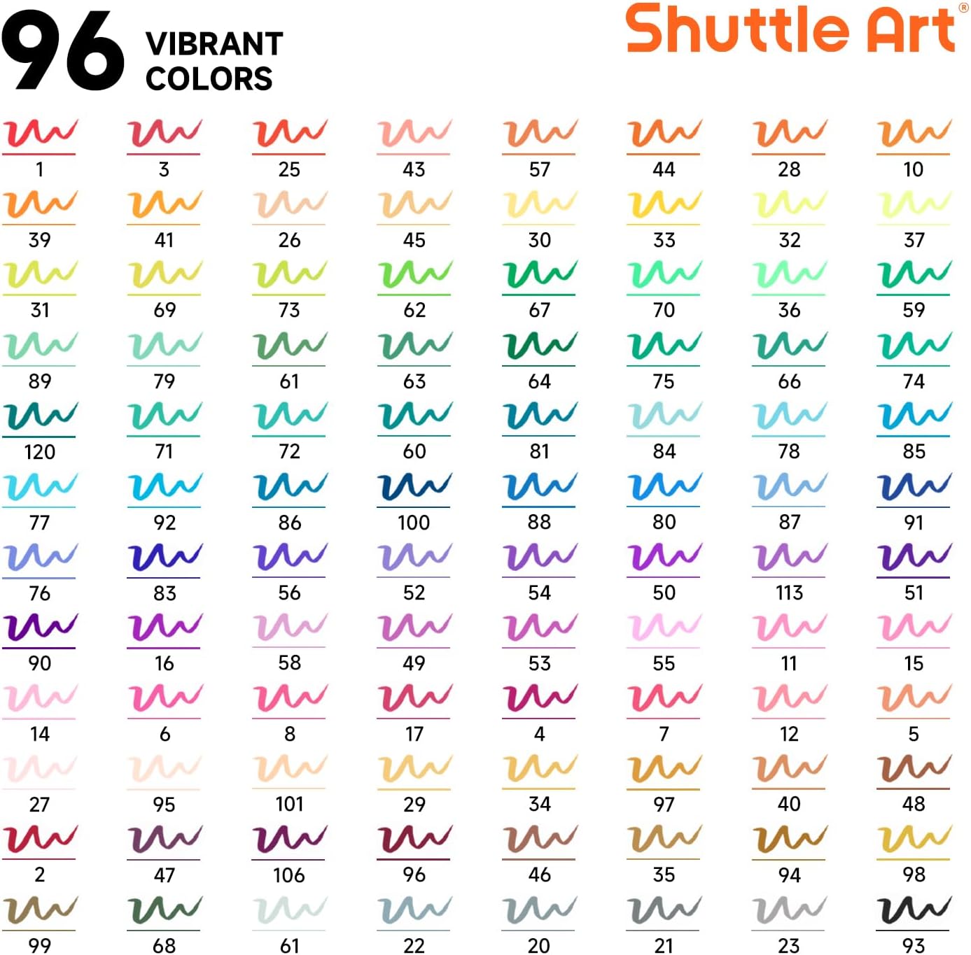 Shuttle Art Dual Tip Brush Pens, 96 Colours Fine and Brush Tip Markers Set with Pen Holder & 1 Colouring Book, Felt Tip Colouring Pens for Adults and Children Colouring Calligraphy Journal Doodling