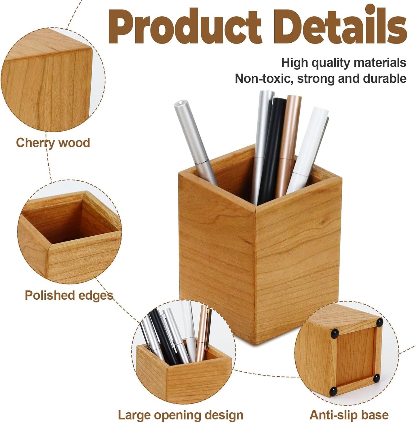 Buqoo Cherry Wood Desk Organizer Set, Tape Dispenser, Sticky Note Holder, Pen Cup - Compact Office Storage for School Home Office Decor