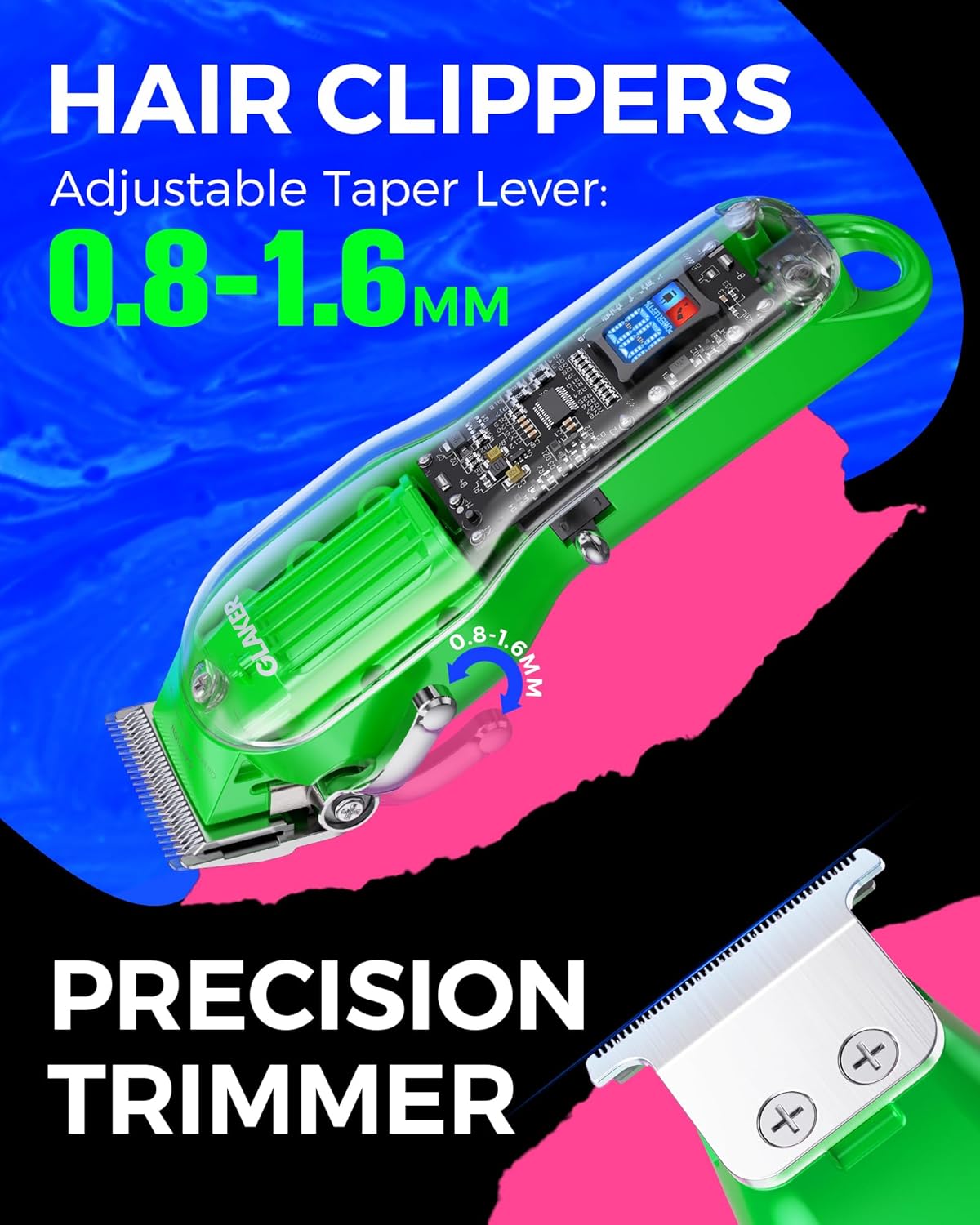 GLAKER Hair Clippers for Men Professional - Cordless Clippers and Trimmers Set, Complete Barber Kit for Hair Trimming & Beard Grooming, Mens Haircutting Kits for Blending & Fade Cuts (Green)