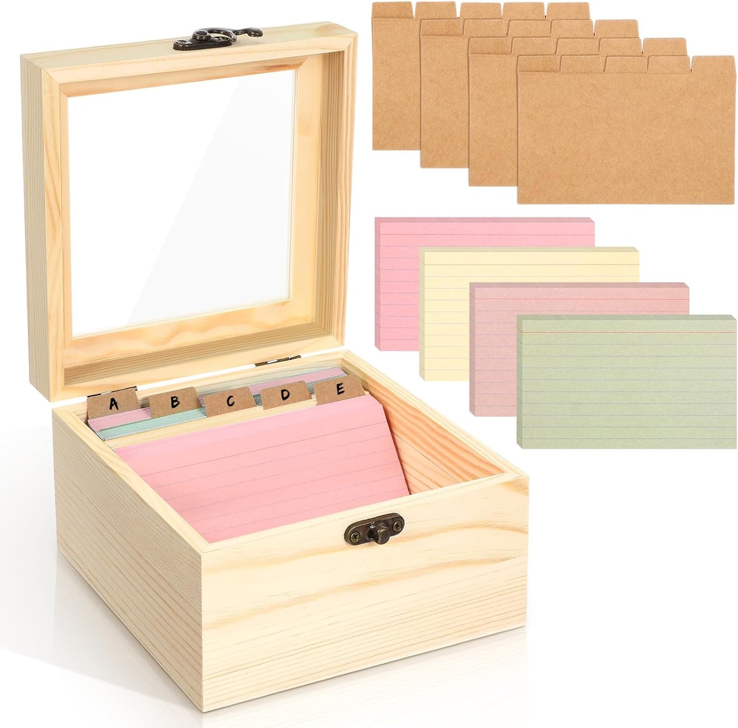 Kathfly 3x5 Index Card Holder Set, 200 Pcs Heavyweight Ruled Notecards and 30 Dividers Wooden Organizer Recipe Box with Flash Card for Home, Office and Kitchen