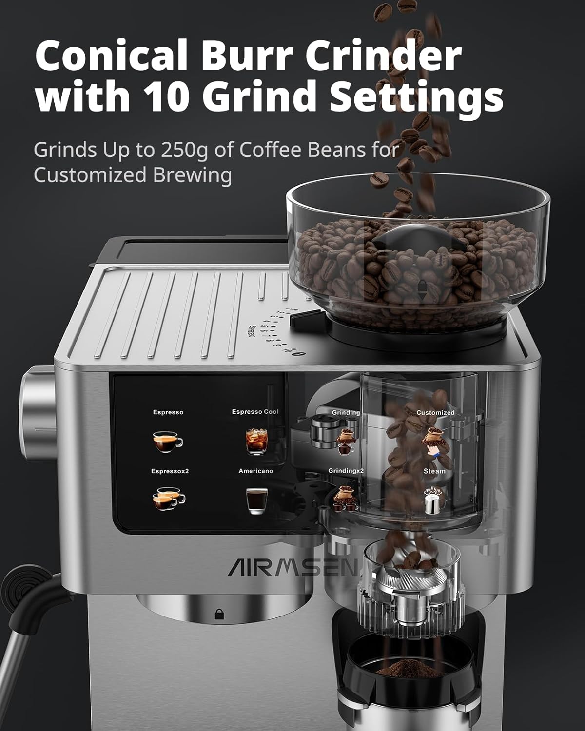 AIRMSEN Espresso Machines with Burr Grinder, 20 Bar, Milk Frother Steam Wand, Stainless Steel Coffee Maker for Home - Cappuccino Latte & Cold Brew Iced Coffee Maker & Americano