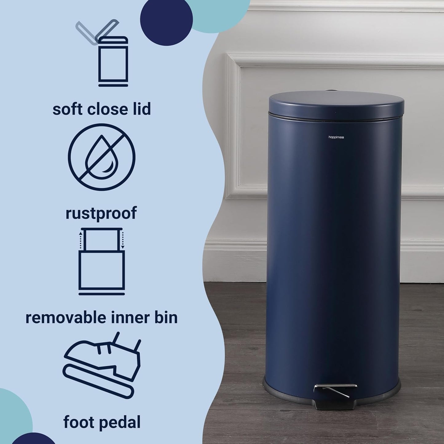 happimess HPM1000B Oscar 8-Gallon Step-Open Trash Can with Free Mini Trash Can, Modern, Fingerprint Proof for Home, Kitchen, Office, Large:7.9 Gallon Small:1.3 Gallon, Denim Blue