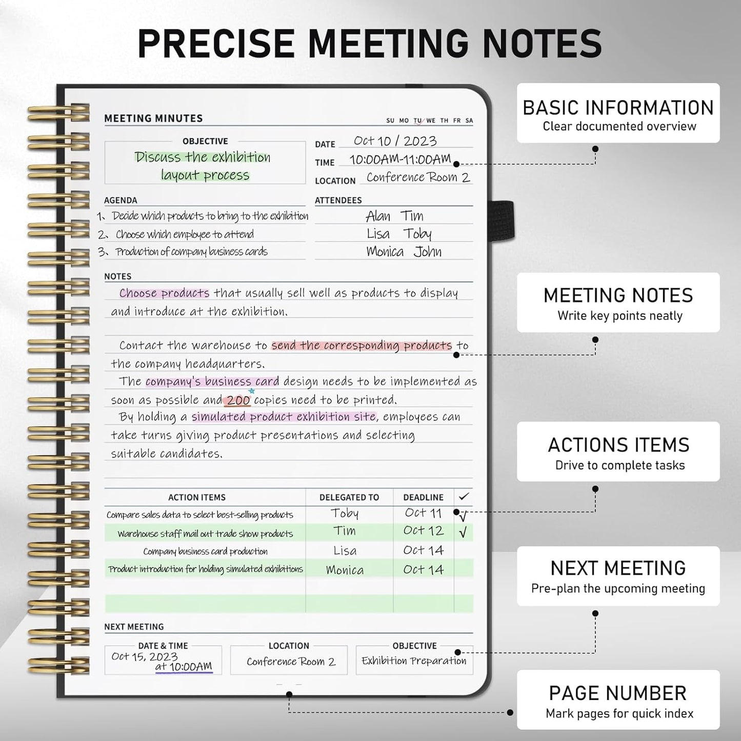 WEMATE 5 Pack Meeting Notebooks for Work（7"x10"） 200 Pages, PU Leather Notebook with Action Items & Note, For Staff & Students, Meeting, Projects Planning - All Black Set