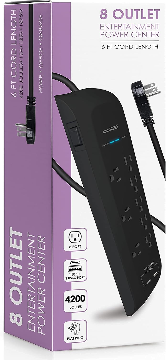 Digital Energy USB-C and USB-A 8 Outlet 8 Outlet 4200 Joules Surge Protector Power Strip, 3 Wide Spaced Outlets, 6 Foot 14/3 AWG Cord, Black
