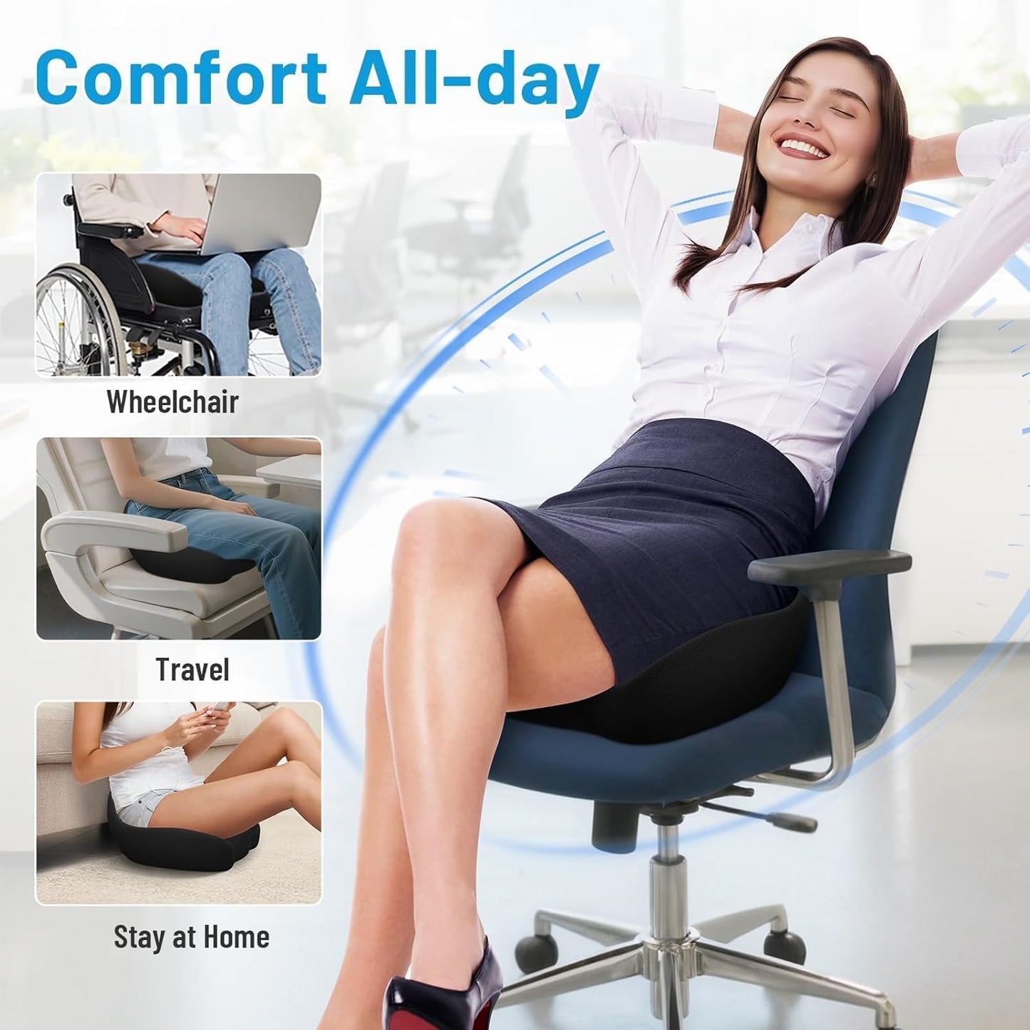 Seat Cushion, Memory Foam Office Chair Cushions, Ergonomic Curved Design for Sciatica, Tailbone, Coccyx, Seat Support for Car, Desk Chair, Wheelchair, Enhances Long Sitting Comfort (Black)