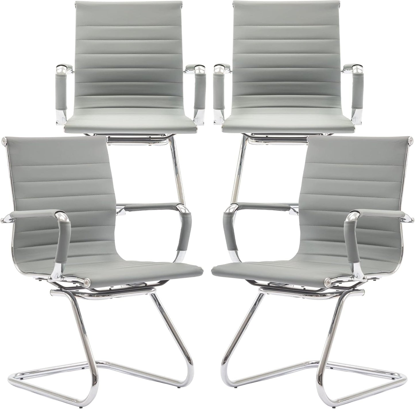 Office Desk Chair No Wheels Set of 4 PU Leather Computer Chairs Mid Back Guest Chairs for School Reception Conference Waiting Room, Grey