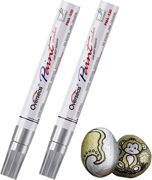 Overseas Permanent Paint Pens Silver Markers - 2 Pack Metallic Oil Based Paint Markers, Medium Tip, Quick Drying and Waterproof Marker Pen for Metal, Rock Painting, Wood, Plastic, Canvas, Mugs