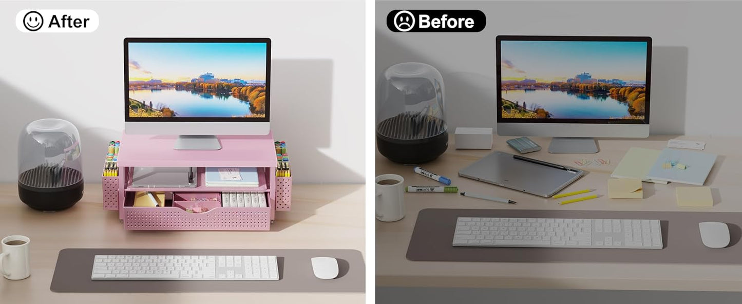 gianotter Wood Monitor Stand Riser, Desk Organizer with Drawer and 2 Pen Holders, 2-Tier Workspace Organizer for Office Supplies(Pink Wood)