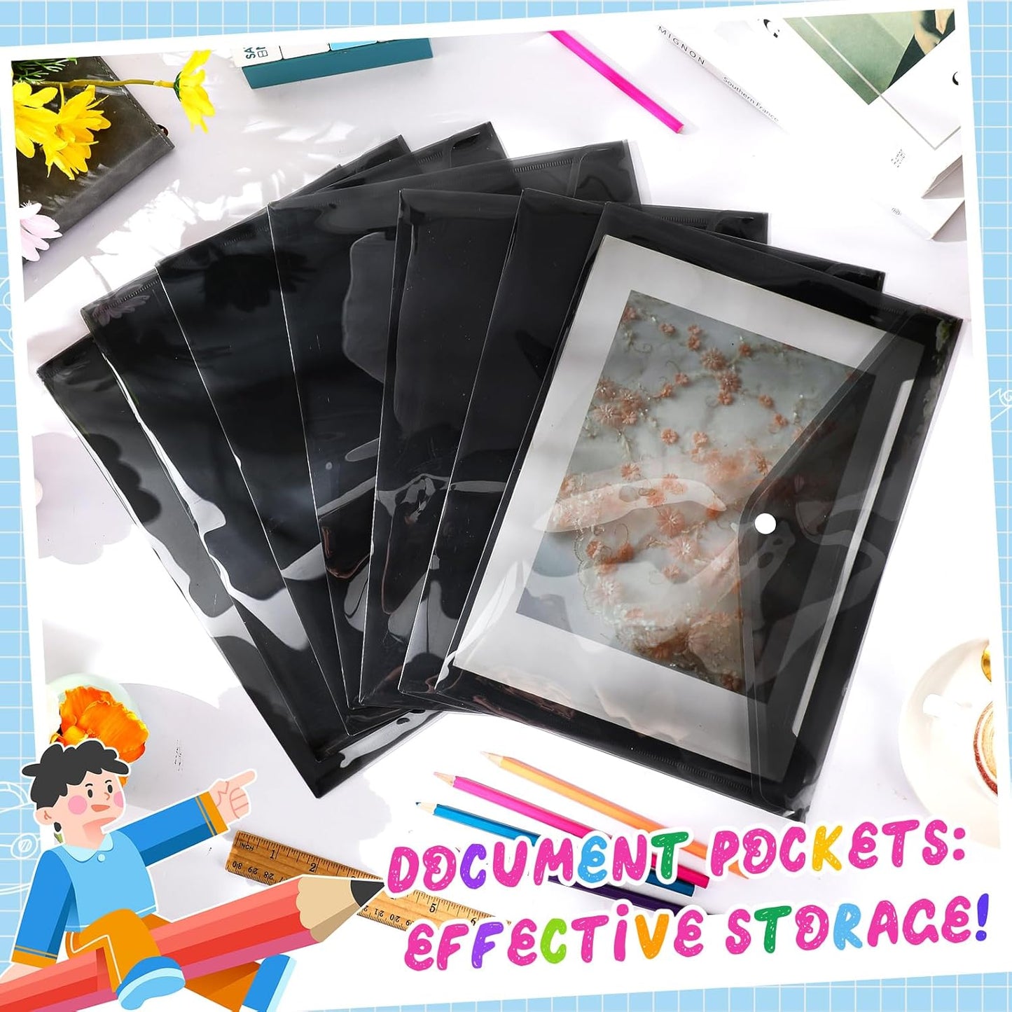 100 Pcs Clear Envelopes with Snap Button Closure Bulk A4 Letter Size Clear Plastic Envelope Folder Document Organizer File Folders for Office Home(Black)