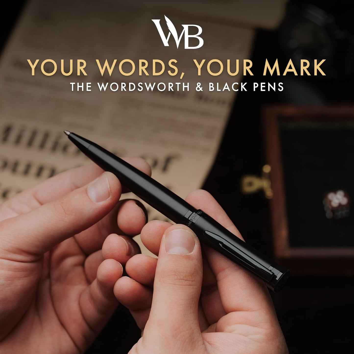 Wordsworth and Black Ballpoint Pen All Black Lacquer- Stunning Luxury Pen, Ink Refill, Best Gift Set for Men & Women, Refillable, Elegant, Nice Pens, Fine Point