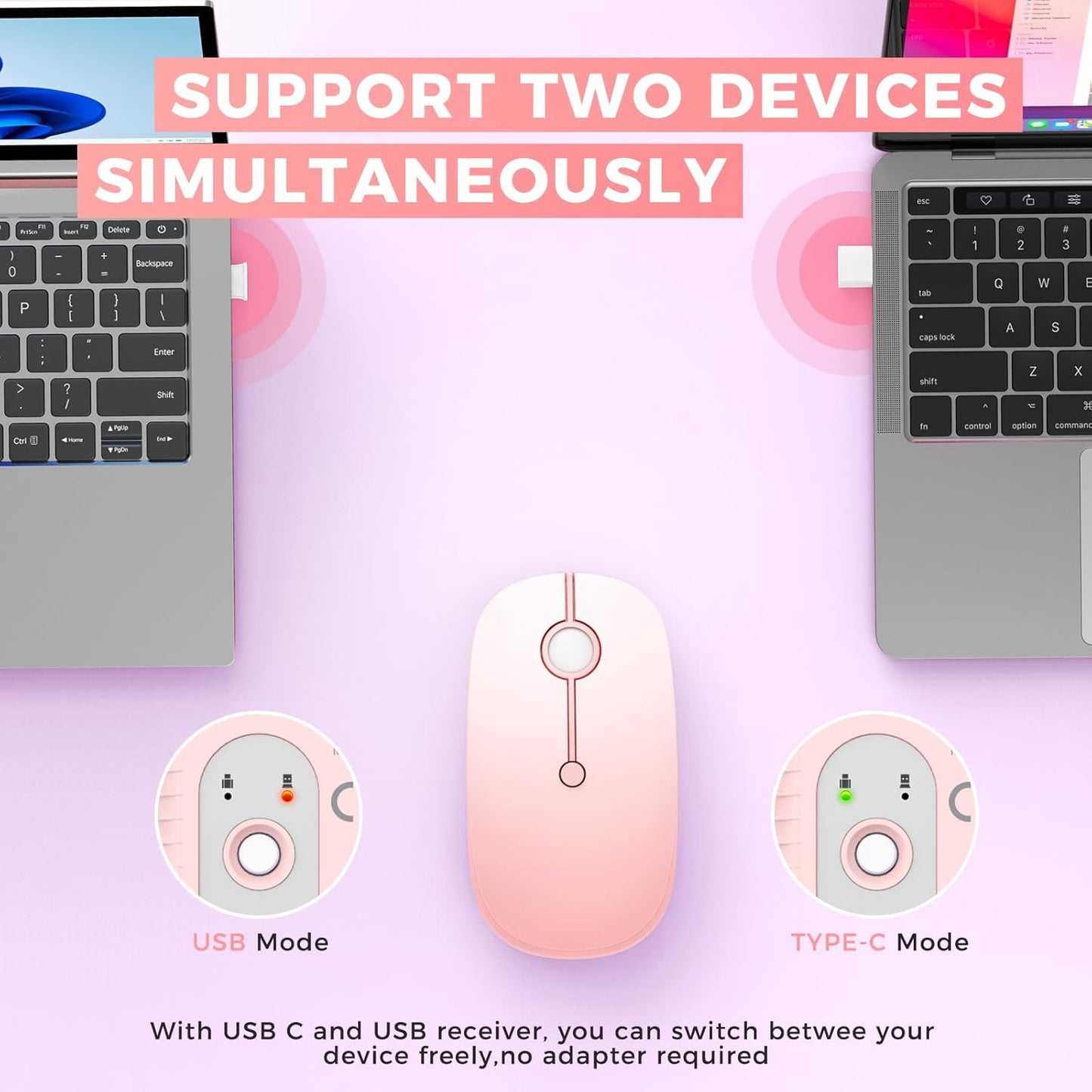 VssoPlor Type C Wireless Mouse, USB C MacBook Wireless Mouse Dual Mode 2.4G Cordless Mice with Nano USB and Type C Receiver Compatible with PC, Laptop, MacBook, ipad-Gradient Pink