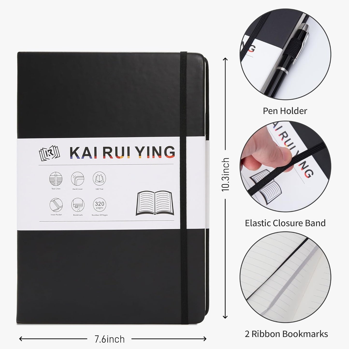 KaiRuiYing Lined Journal Notebook with Pen Holder, 320 Pages, 7.6'' × 10.3'' Large Size B5-100 GSM Thick Paper, for Writing, Work, Office, Leather Hardcover