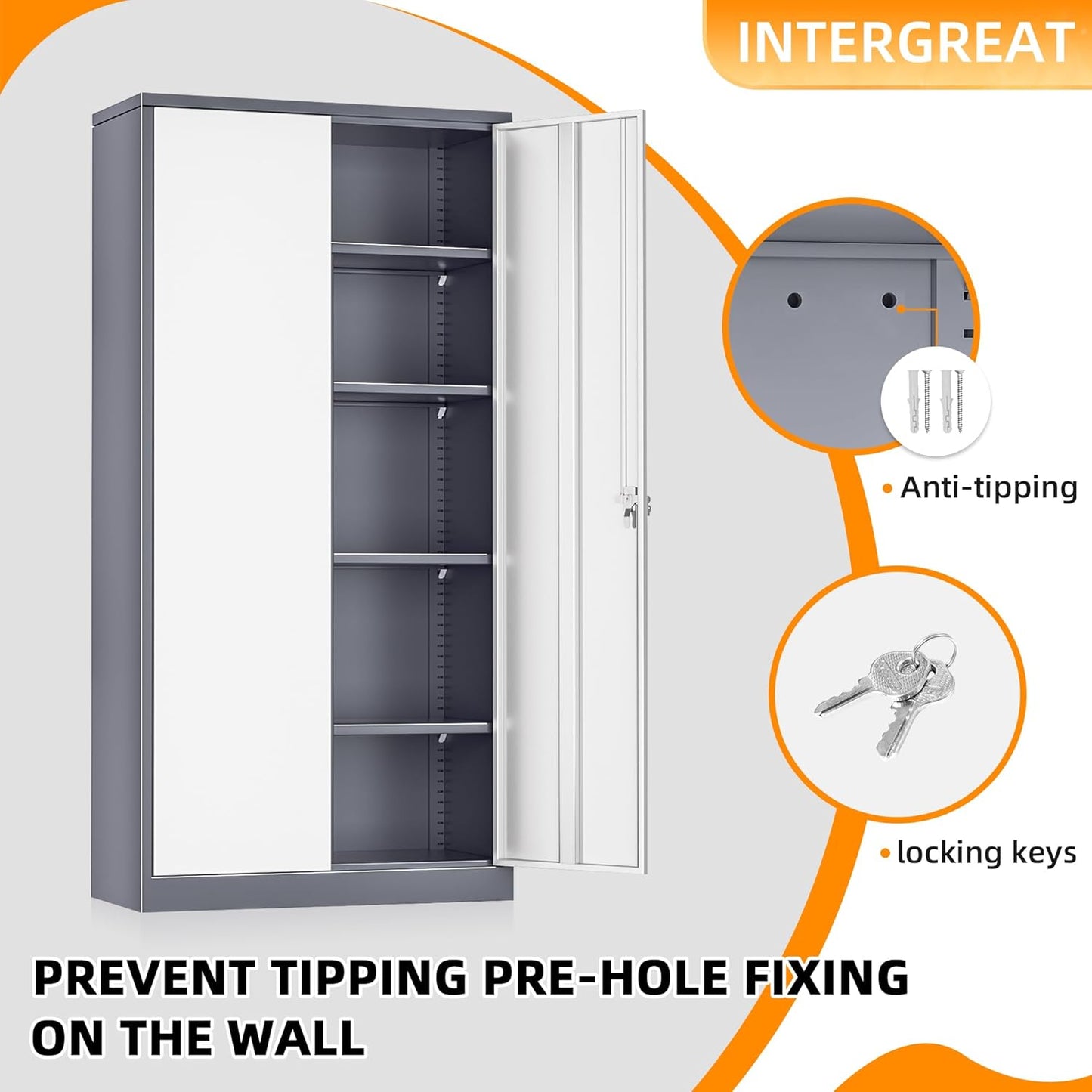 INTERGREAT Metal Storage Cabinet,72 Tall Armoire Wardrobe Closet with Doors,Grey White Storage Locker Cabinets with Adjustable Shelves and Removable Hanging Rods