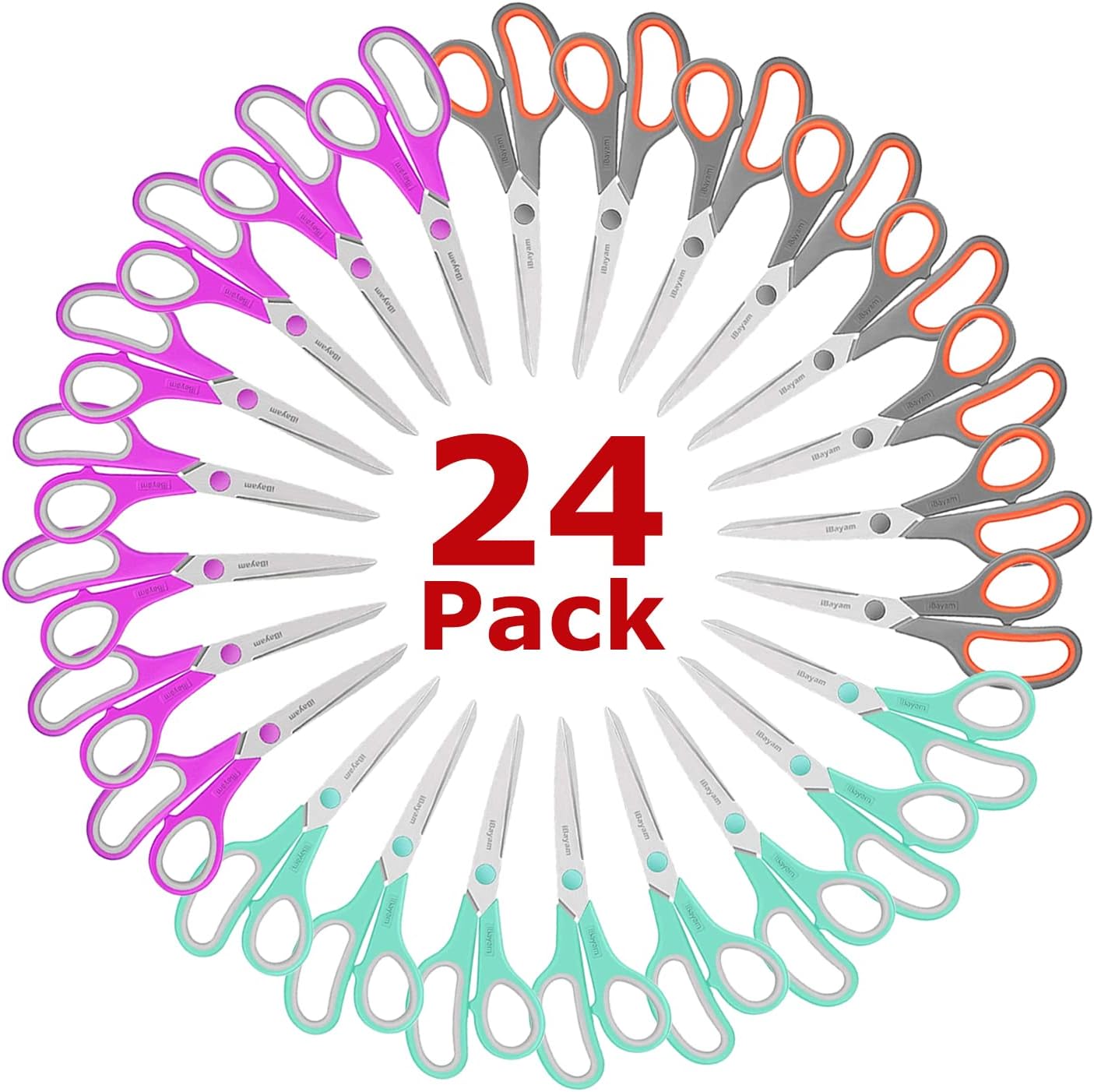 iBayam 8 '' Multipurpose Heavy Duty Scissors Bulk 24-Pack, 2.5mm Thickness Ultra Sharp Blade Shears with Comfort-Grip Handles for Household School Office Supplies, Right/Left Hand Tools