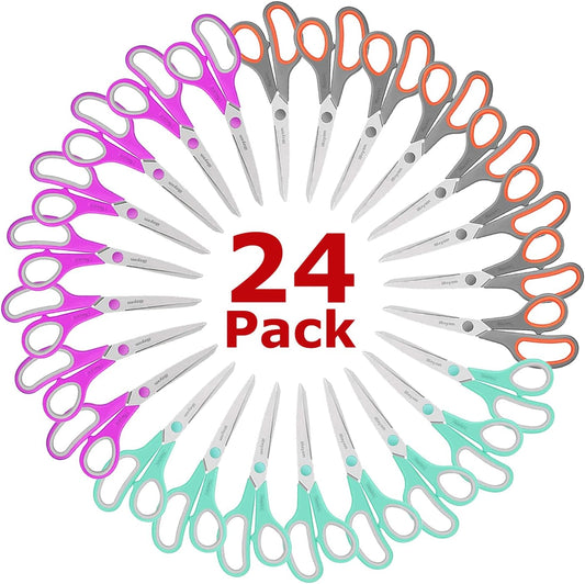 iBayam 8 '' Multipurpose Heavy Duty Scissors Bulk 24-Pack, 2.5mm Thickness Ultra Sharp Blade Shears with Comfort-Grip Handles for Household School Office Supplies, Right/Left Hand Tools