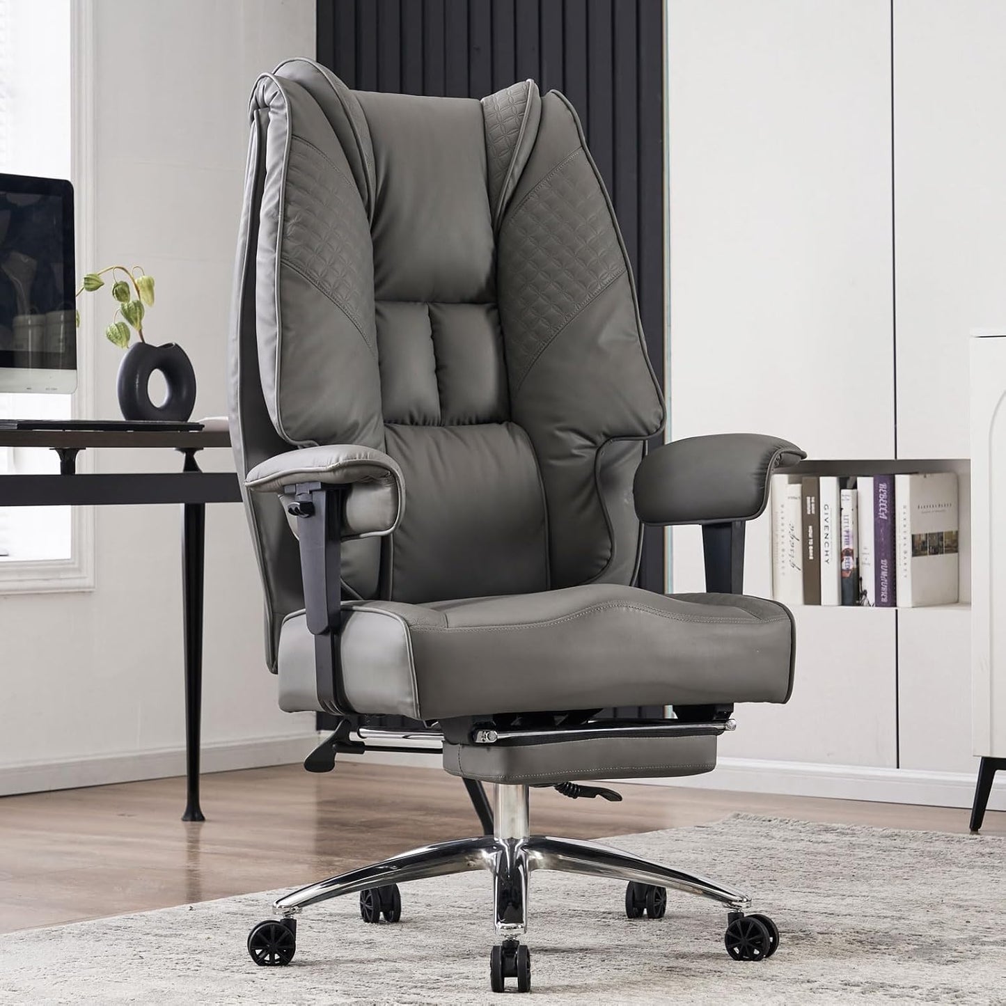 Big and Tall Office Chair 400lbs Wide Seat, Leather High Back Executive Office Chair with Foot Rest, Ergonomic Chairs Lumbar Support for Lower Back Pain Relief (Grey)