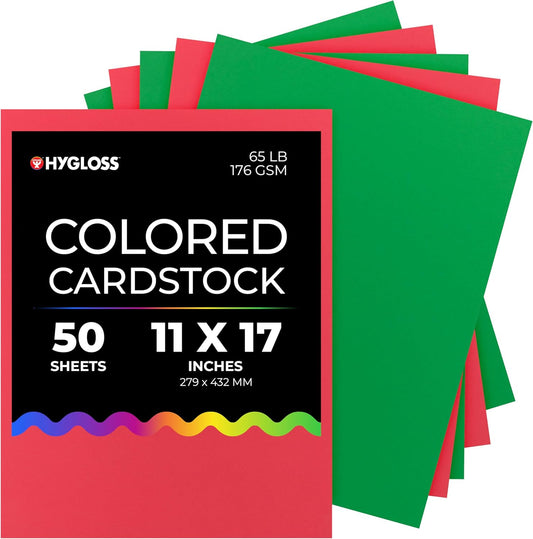 Hygloss 50 Sheets Holiday Christmas Colored Cardstock - 11x17-Inch Red and Green Letter Size Color Cardstock Paper - 65 lb/ 176 gsm, Acid-Free, Fade-Resistant