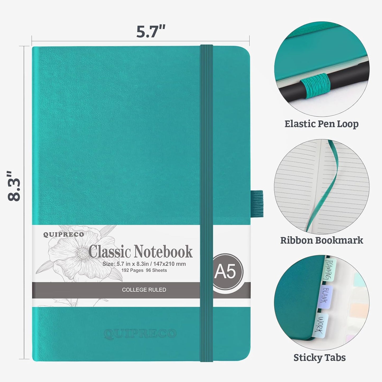 Hardcover Lined Bullet Dotted Journal Notebook, A5 140 192 Pages 100 120Gsm Paper College ruled for School,Work,Travel,and Daily Planning，5.7''*8.3'' (1, Turquoise, A5 Lined)