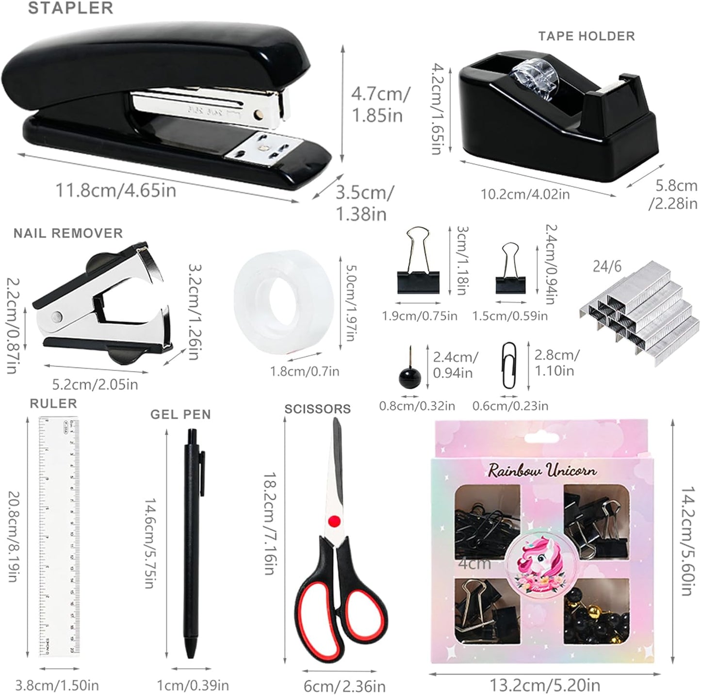 Black Desk Accessories with Pen Holder, Office Supplies Desk Organizers and Accessories, Tape Dispenser, Stapler, Staple Remover, Staples, Clips Set, Ruler, Scissor, Pen, Tape (Black)