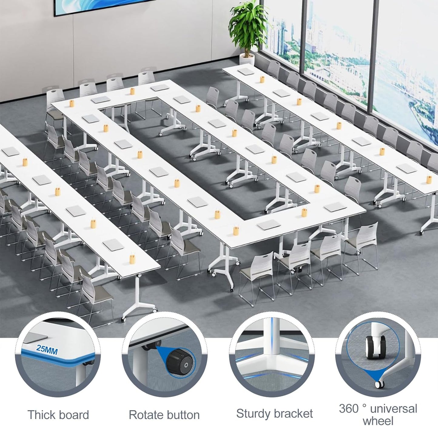 Folding Conference Room Table, Modern Mobile Training Table with Wheels, White Foldable Seminar Meeting Tables for Office Corporations(4pack 70.9in)