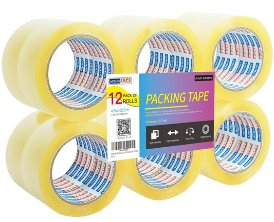 ADHES Packing Tape, 12 Rolls 1.88 inch x 60 Yards Clear Duct Tape 2.7Mil Heavy Duty Shipping Tape for Moving Boxes, Shipping, Mailing