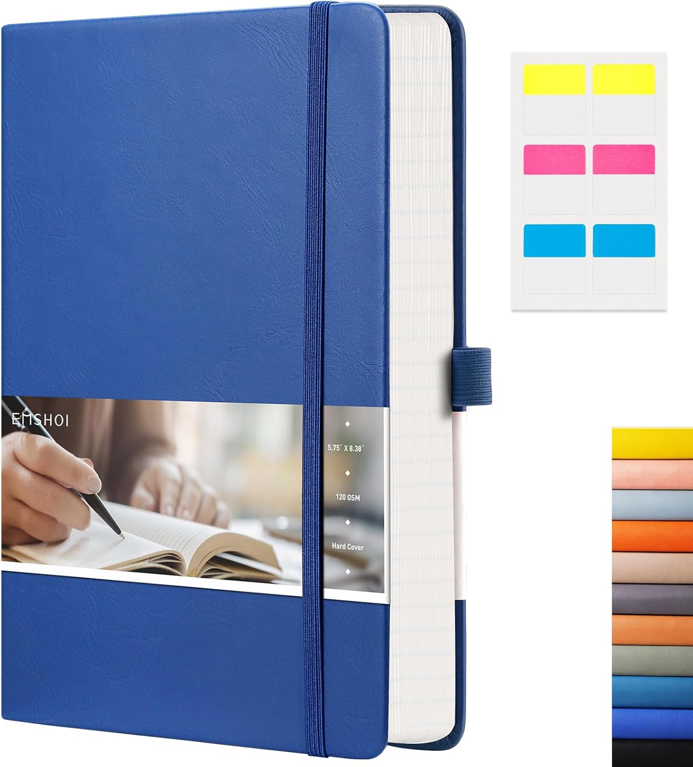 EMSHOI Lined Journal - 120gsm Thick Paper College Ruled Notebook with Sticky Notes, 256 Numbered Pages, A5 Hardcover Leather for Women & Men Work, School, Writing - (5.75”x8.38”) Blue