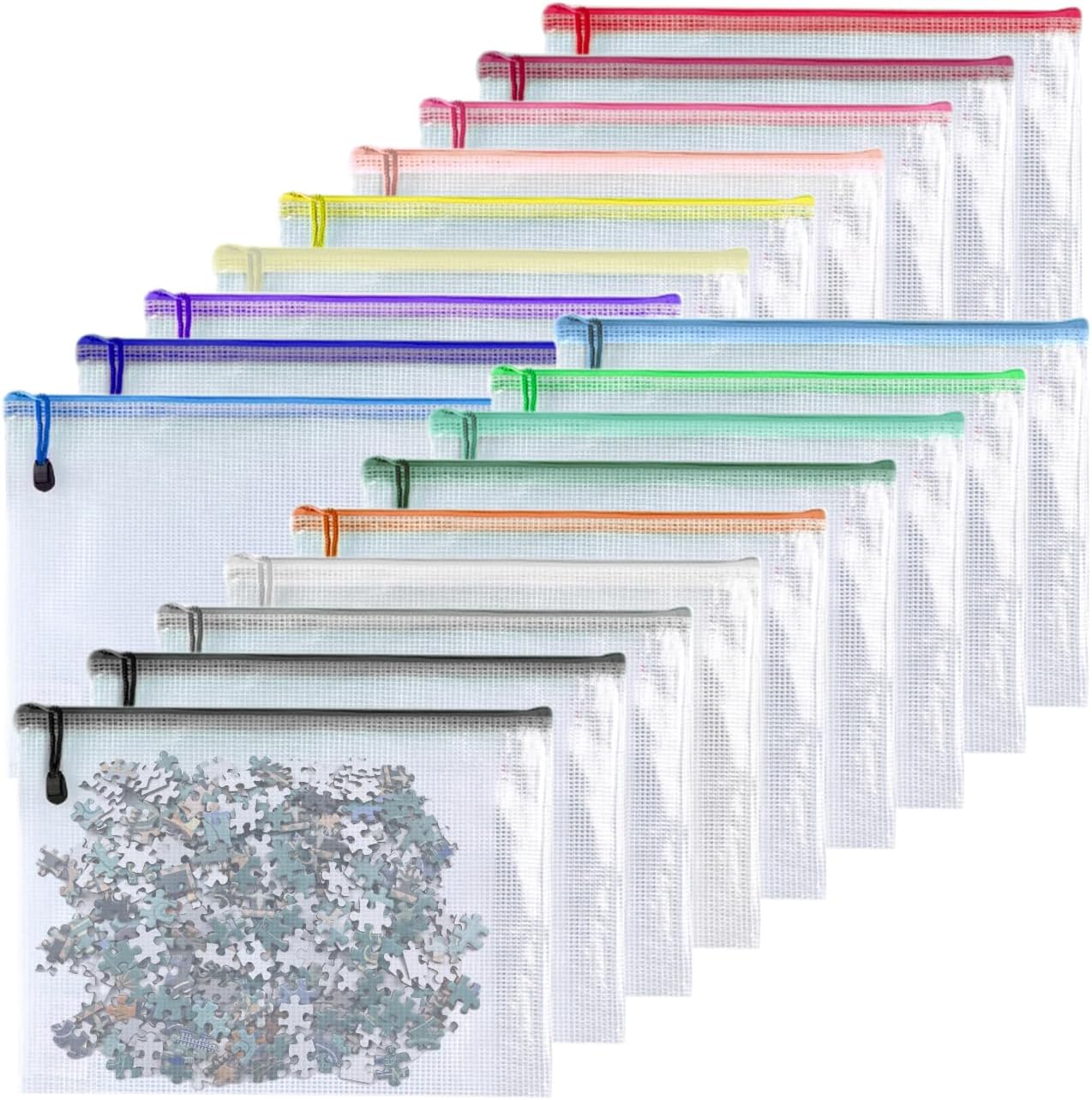 Oaimyy-18 Pcs, Large Mesh Zipper Pouch Document Folders Bag Plastic Zip File Folders for Office Supplies,Travel,Puzzles Games Organizing Storage,Classroom Board Game Organization (9 * 12, inches)