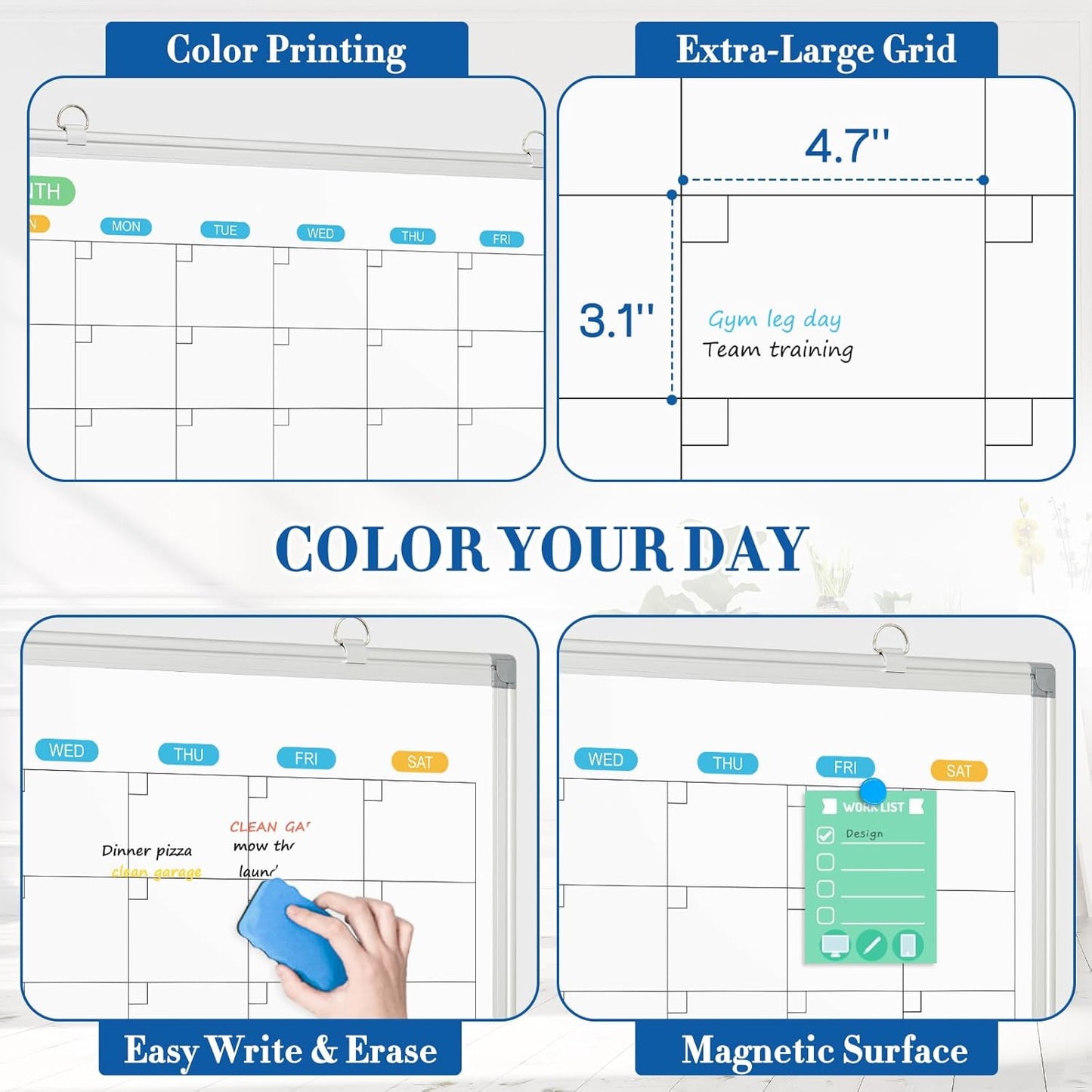 WALGLASS Dry Erase Calendar Whiteboard for Wall, 36" x 24" Double-Sided Monthly Calendar White Board with Silver Aluminum Frame, Hanging or Wall Mount Large Whiteboard for Home, Office, School