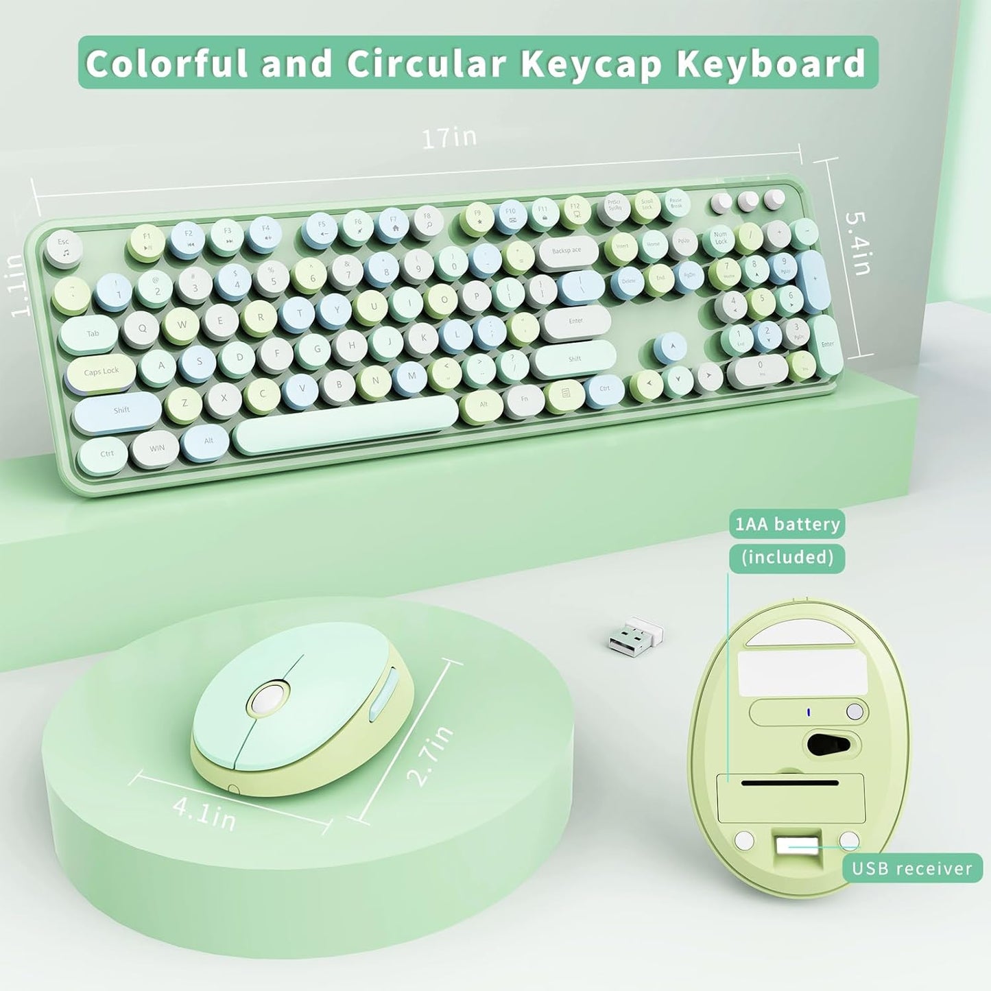 Wireless Keyboard and Mouse Combo, Ergonomic Full Size Typewriter Retro Round Keycaps Keyboard, Compatible with Windows, PC, Perfer for Home and Office Keyboards (Green