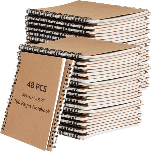 Lnrueg 48 Pcs A5 Spiral Notebooks - Brown Kraft Paper Cover Notebooks, Hardcover Lined Notebooks, Sturdy Travel Journals with Smooth 70GSM Paper for School, Office, Travel, 100 Pages