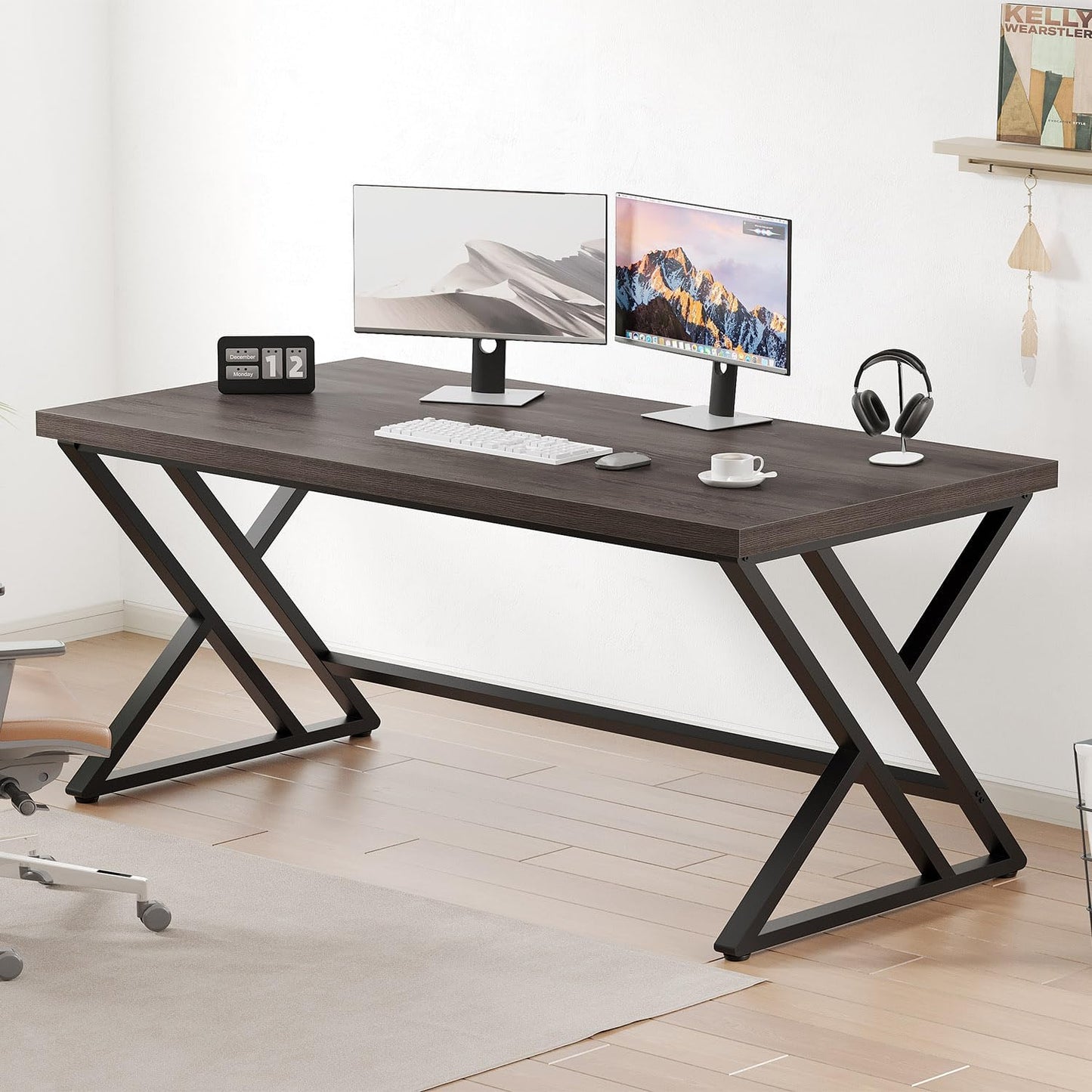 LVB Modern Computer Desk, Industrial Home Office Desk, Metal Wood Writing Study Computer Table for Bedroom, Farmhouse Executive Simple Gaming Work Desk for Student, Dark Gray Oak, 60 Inch
