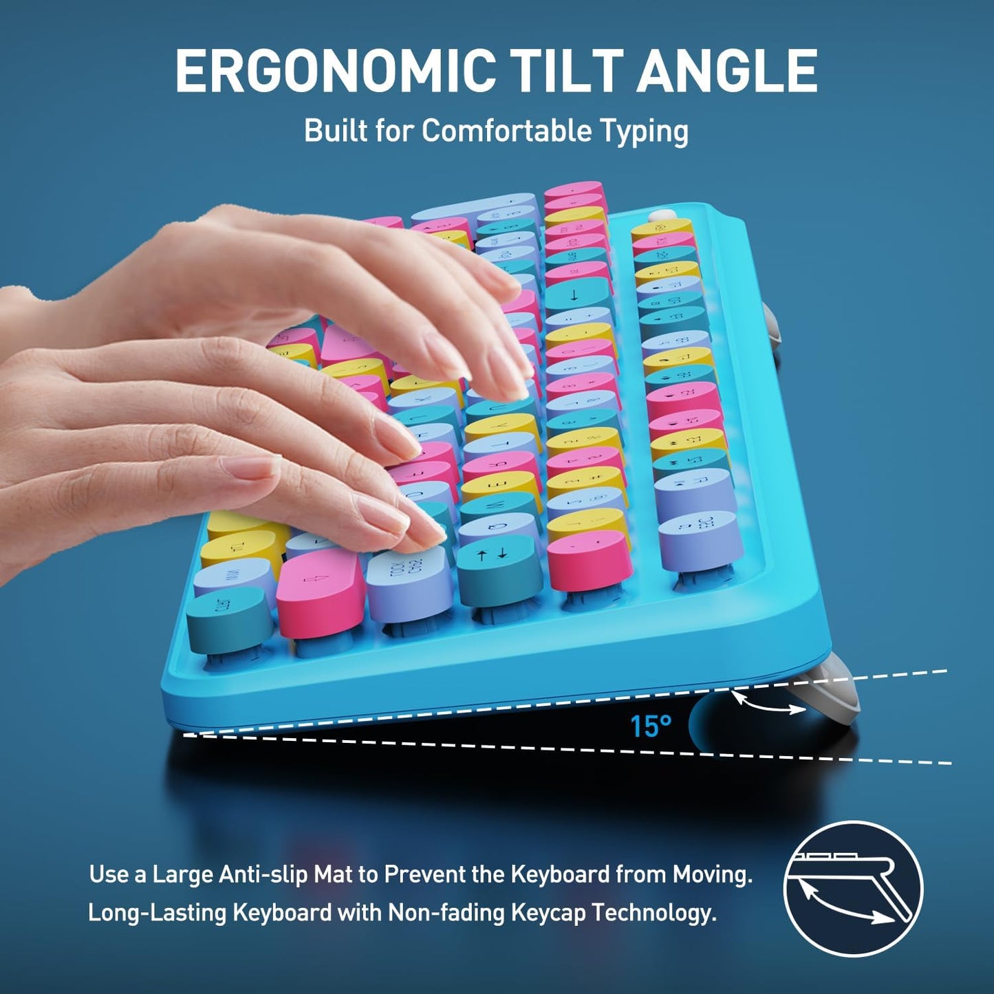 Wireless Keyboard and Mouse Combo, 2.4 GHz Wireless Full-Sized Typewriter Gaming Keyboard with Round Keycaps for Windows, Computer, Desktop, PC, Laptop (Blue)