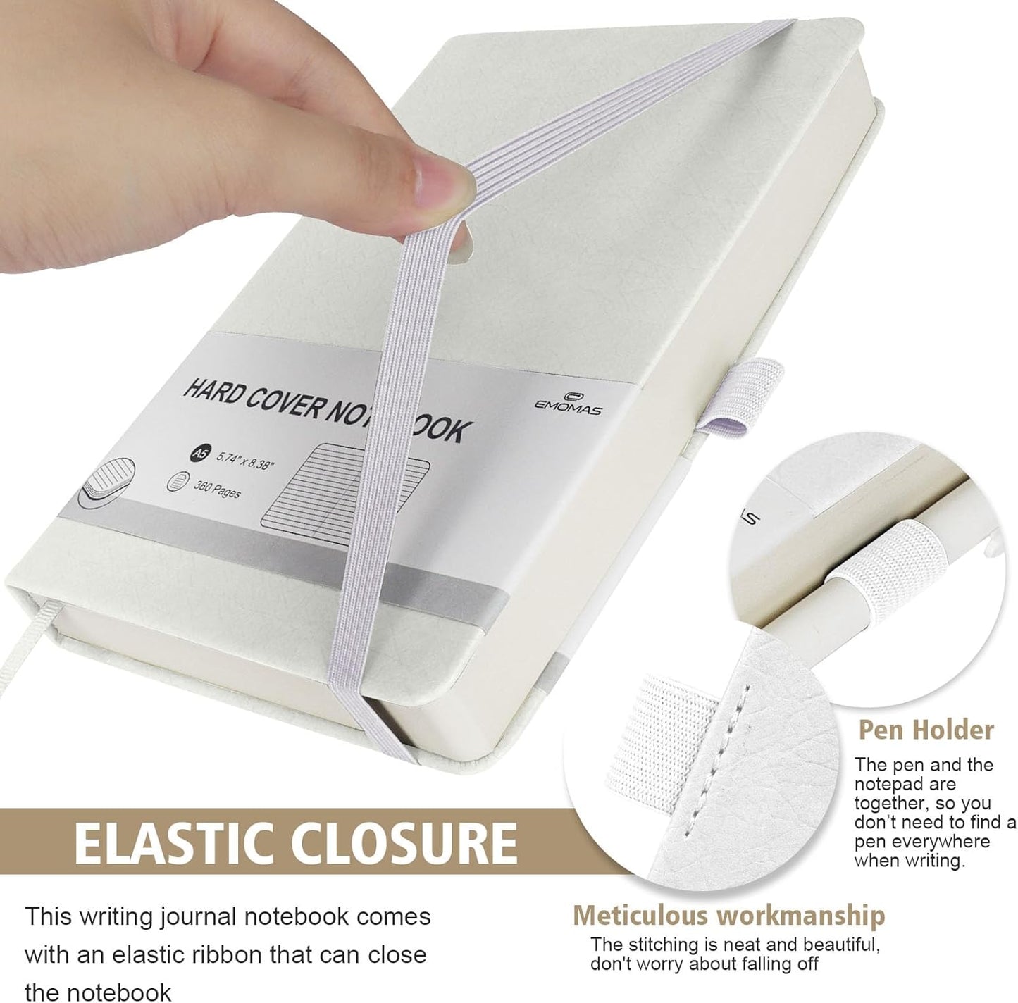 Lined Journal Notebook, 360 Numbered Pages(With page number), Thick Journal for Writing A5 College Ruled Notebook, 100gsm Lined Paper, Leather Hardcover, 5.75'' X 8.38''-1 Pack, White