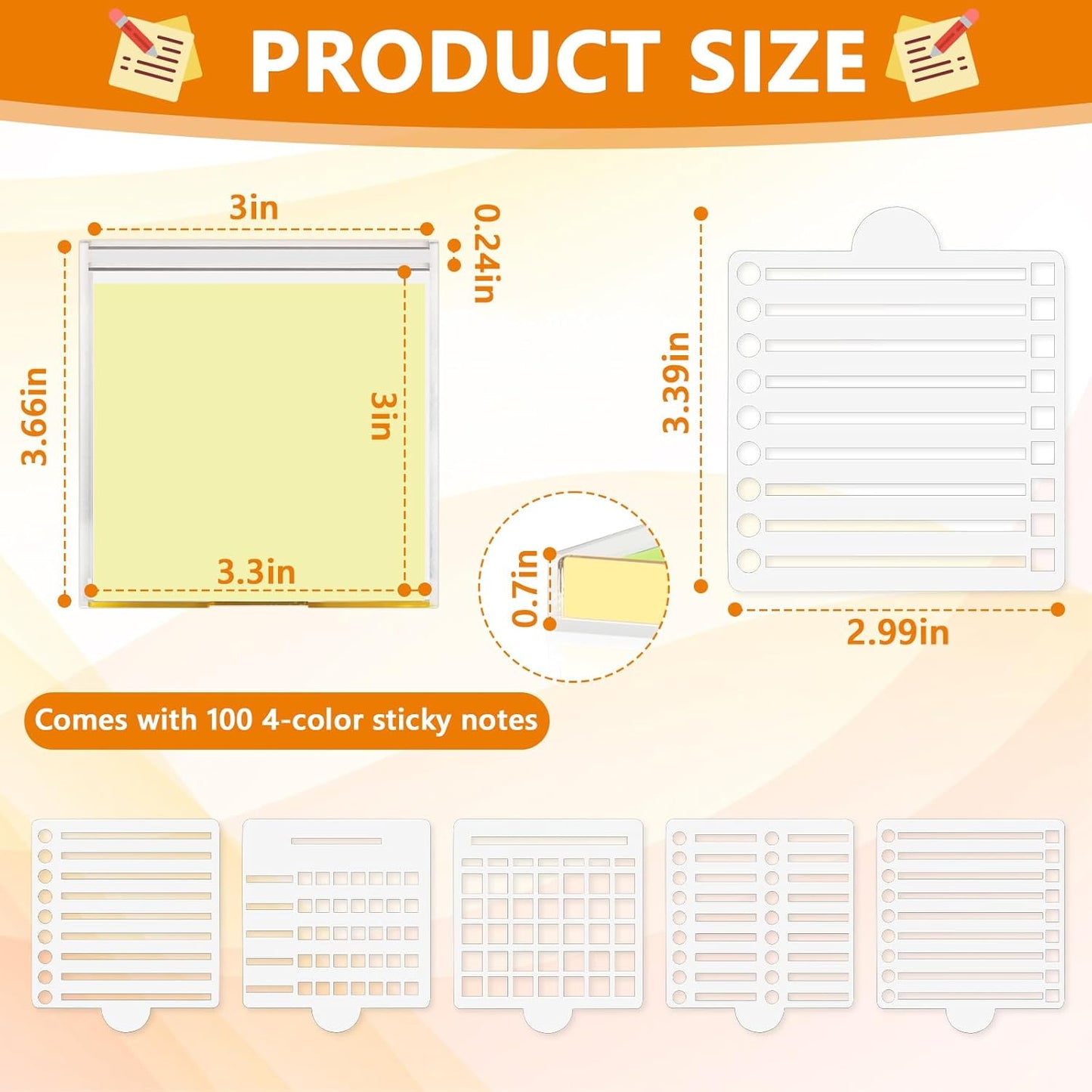 3" x 3" Sticky Notes Holder with 5 Different Stencil & 100 Sheet Post It Notes Clear Acrylic Self-Stick Sticky Note Dispenser Post It Note Holder Memo Organizer for Classroom Office Desk Organizer