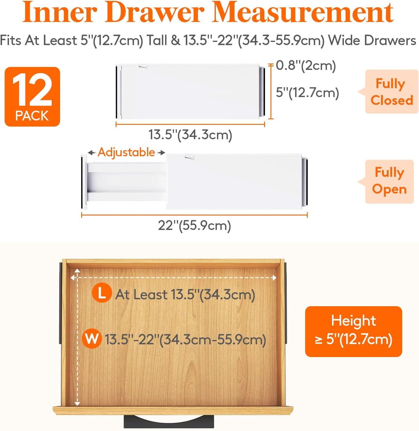 Lifewit 12 Pack Drawer Dividers Plastic 5" High, 13.5-22" Adjustable Drawer Organizers for Clothes, Expandable Dresser Separators in Bedroom/Bathroom/Kitchen/Fridge/Office Organization and Storage