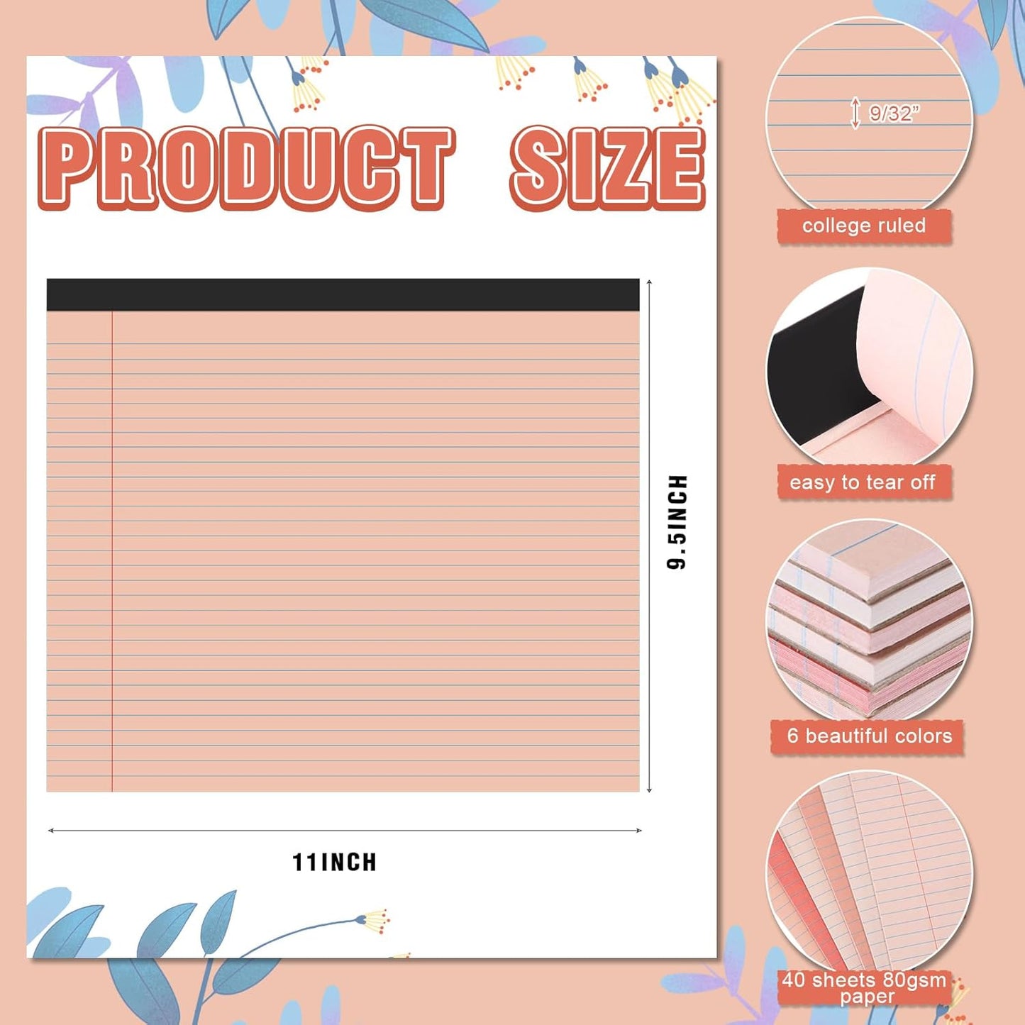 Lincia 6 Pcs 11" x 9.5" Legal Pads College Ruled Notepad Landscape Notebook Horizontal Lined Notebook 80 Gsm Assorted Colors Paper Pastel Writing Pads for School Office, 40 Sheet (Gradient Orange)