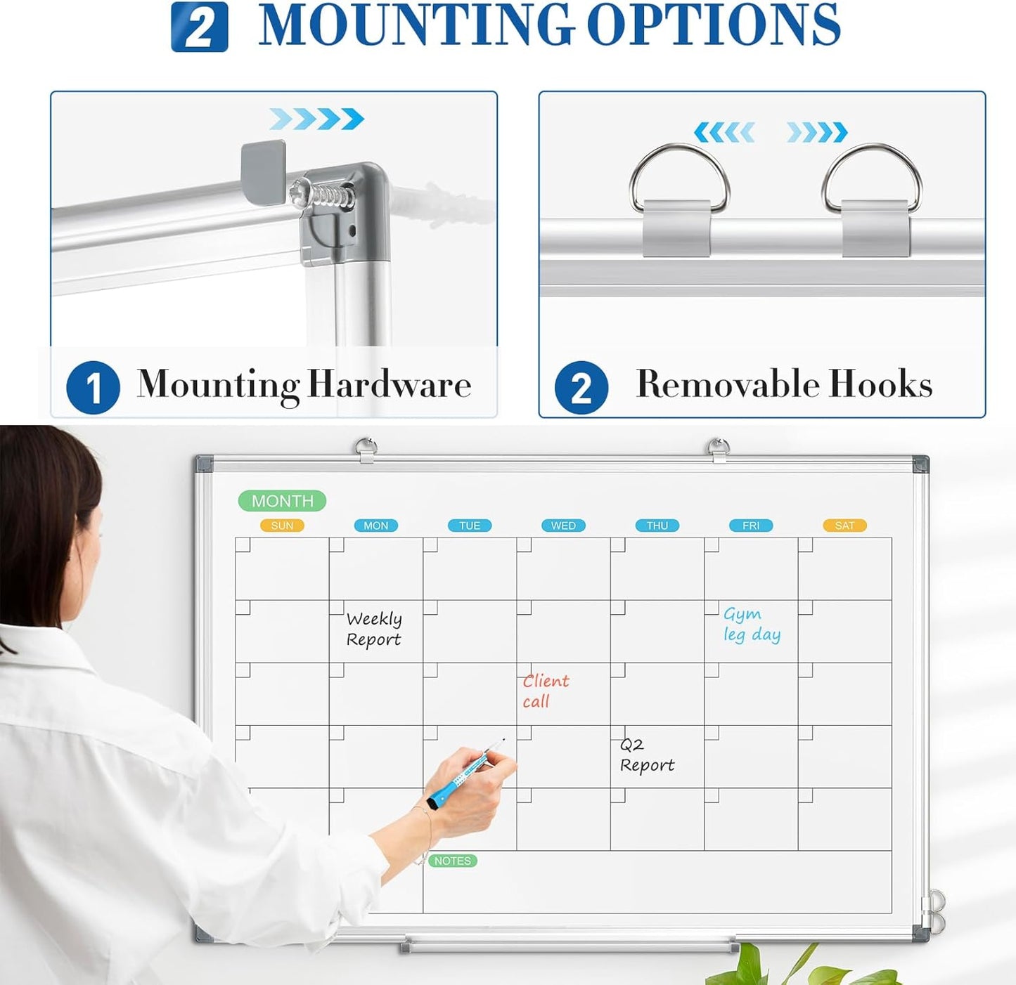WALGLASS Dry Erase Calendar Whiteboard for Wall, 24" x 18" Double-Sided Monthly Calendar White Board with Silver Aluminum Frame, Hanging or Wall Mount Whiteboard for Home, Office, School