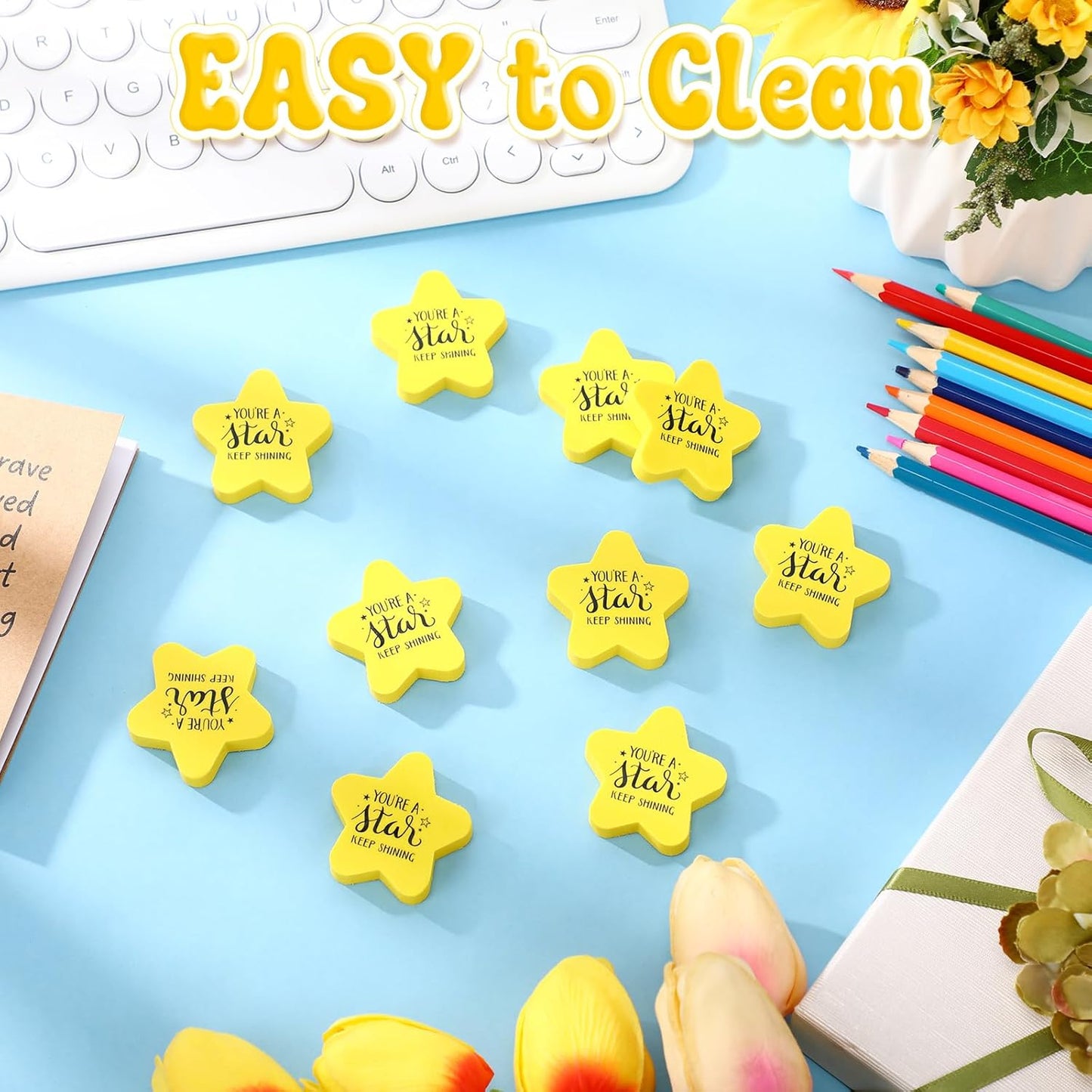 Spakon 100 Pcs Inspirational Star Erasers for Kids Bulk Cute Back to School Erasers 1.57" Fun Eraser for Classroom Prize You're A Star Yellow Motivational Gift for School Student Rewards