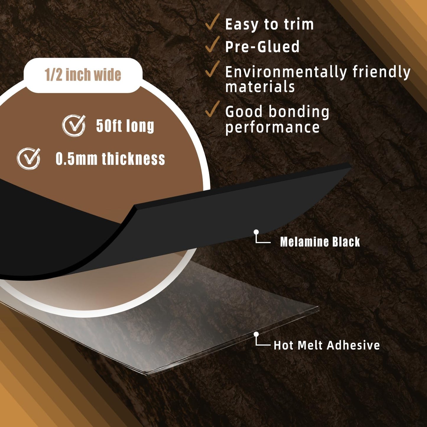 GSCIT Club Black Melamine Edge Banding, 1/2 inch x 50ft Edge Banding with Hot Melt Adhesive Pre-glued Cabinet Edge Banding Flexible Black Veneer Edging for Plywood