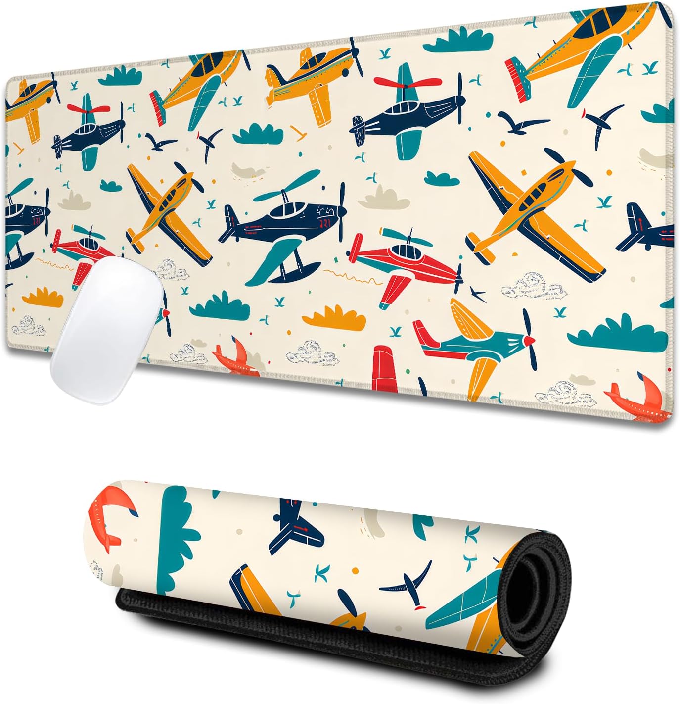 Airplane Large Gaming Desk Mat,Rubber Non-Slip Aviation Adventure Mouse Pad,31.5x11.8x0.12in Extended Colorful Plane Cloud Mousepad,Game Lover Mice Pads Gifts,Office Home Deskmat Decor
