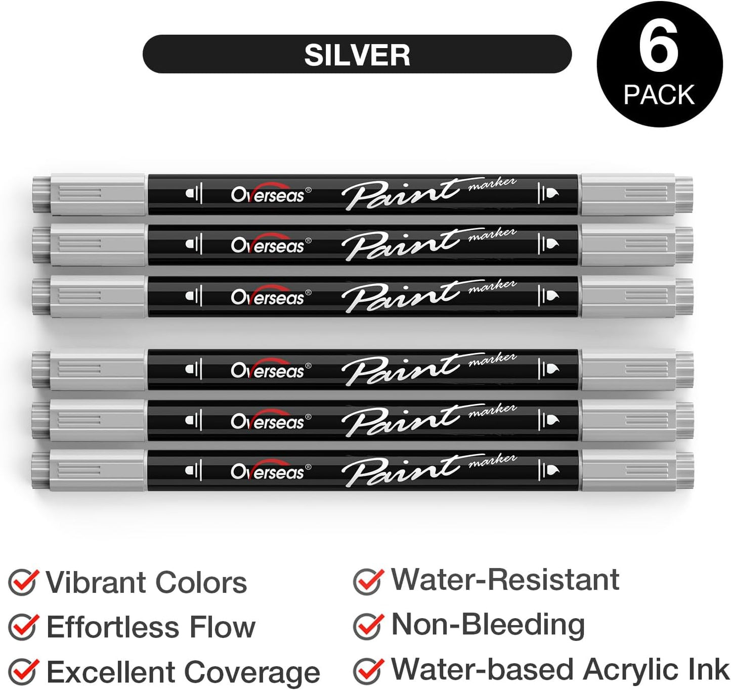 Overseas Silver Acrylic Paint Markers, 6 Pack Dual Tip Paint Pens Acrylic Markers - Dot and Brush Tip Coloring Marker for Wood, Rock, Canvas, Glass, Metal, Plastic, Rubber, Fabric, School Supplies