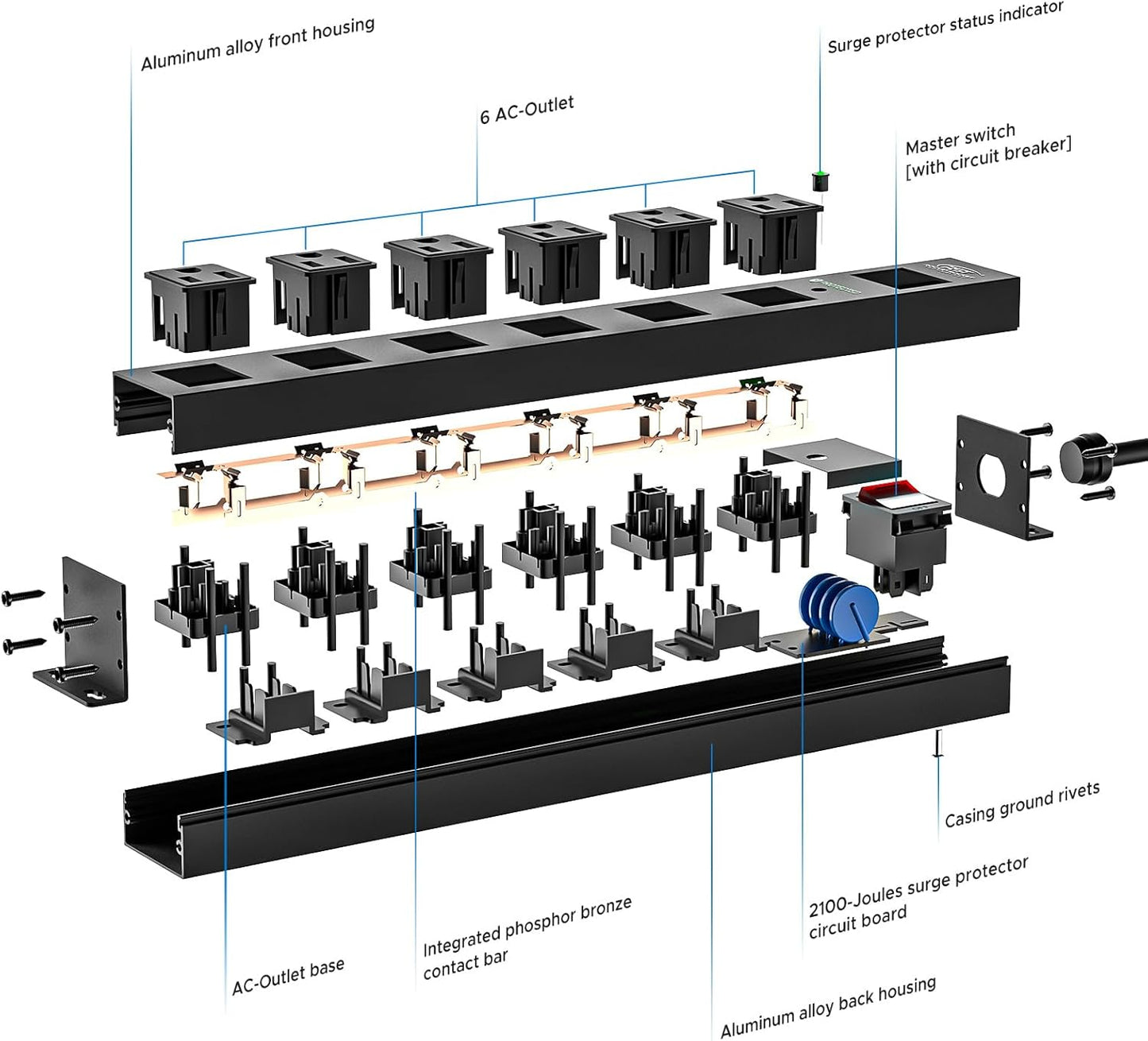 CRST 6 Outlet Heavy Duty Power Strip with Switch, 15A/1875W Metal Mountable Power Strip Surge Protector 2100Joules, Wide Spaced Power Bar for Garage Worshop Home School, 6 FT Cord