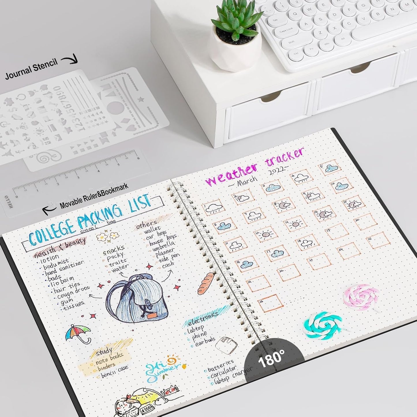 AHGXG Bullet Dotted Journal - Dot Grid Spiral Notebook B5, 140 Pages, 100 GSM Thick Paper, Waterproof Plastic Cover Journals for Bullet Journaling, Sketching, 7.6" x 10", Black