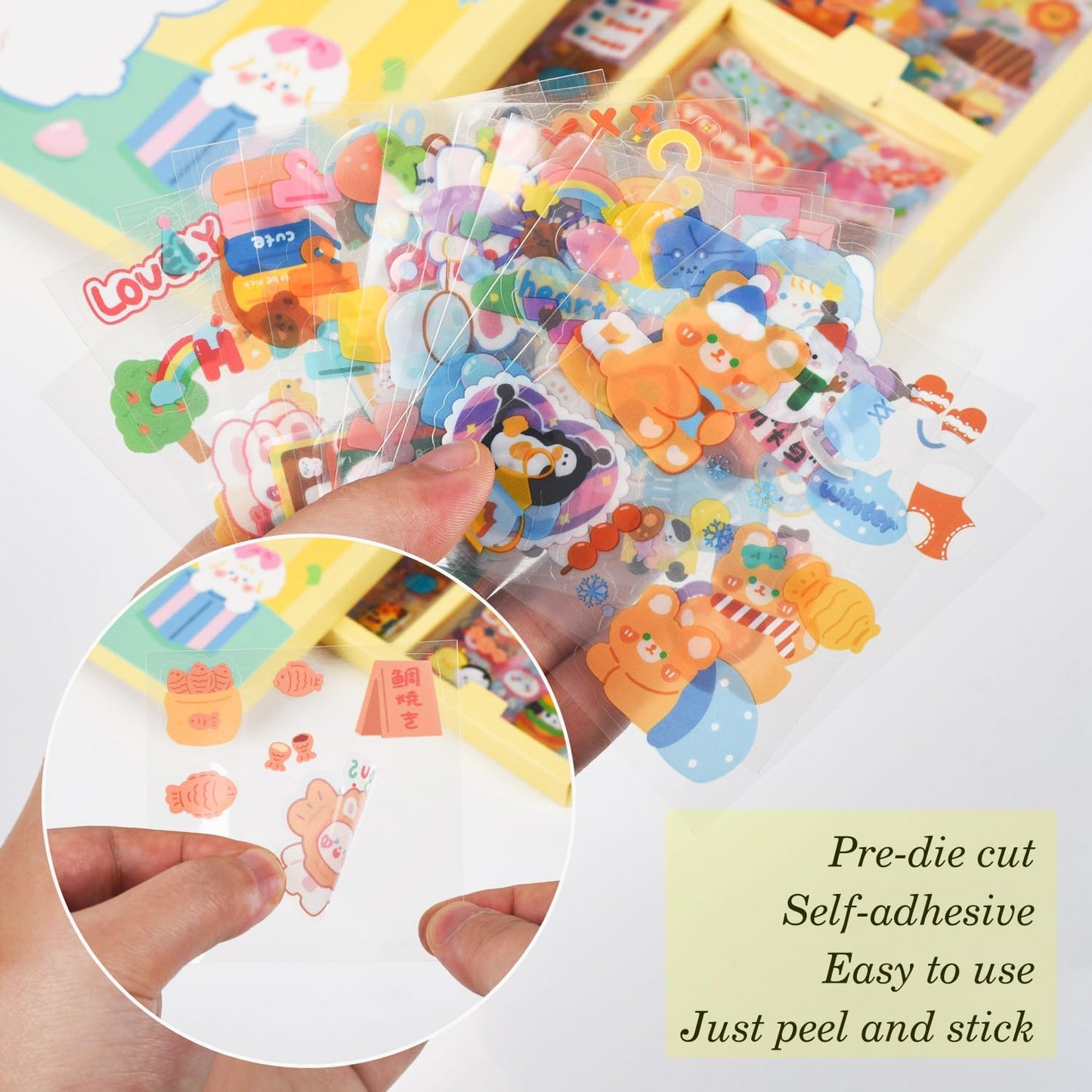 Kawaii Cartoon Bear Journaling Stickers - 100 Sheets Cute Rabbit Animal Transparent PET Scrapbooking Clipping Supplies Calendar Decals Sticker for Planners Collage Junk Journal DIY Arts Crafts